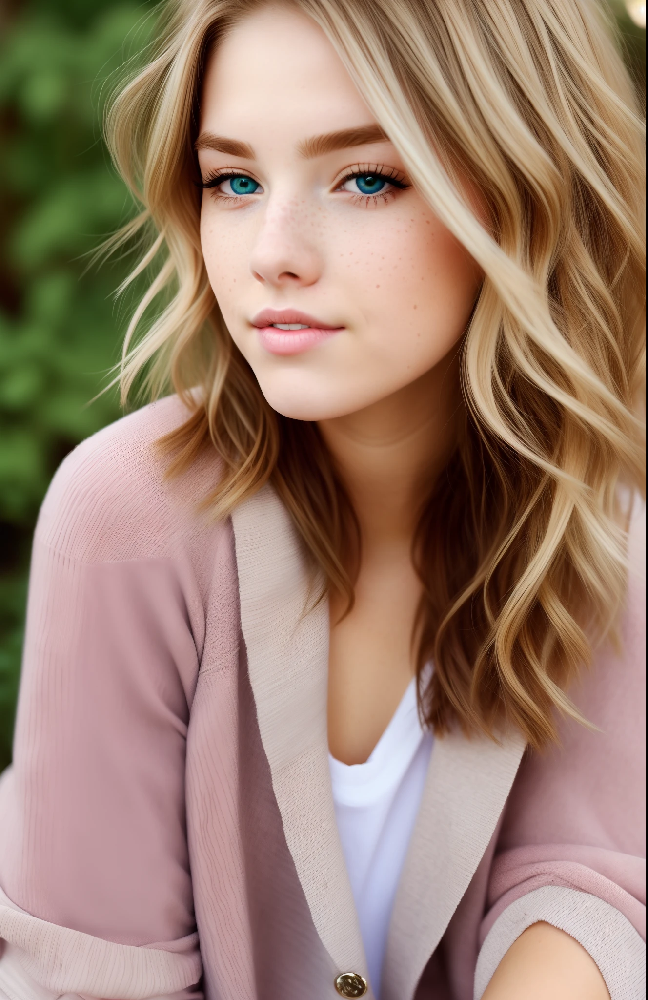 medium short hair blonde with hazel eyes and freckles, teen, wearing cute clothes, swag art