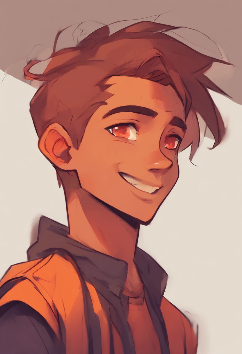 teenage boy, brown skin, full shaved hair, orange hair, orange eyes, shaved orange hair, orange eyebrows, scar on the cheek, short height, sleeveless red shirt, big smile, 2d, cartoon style