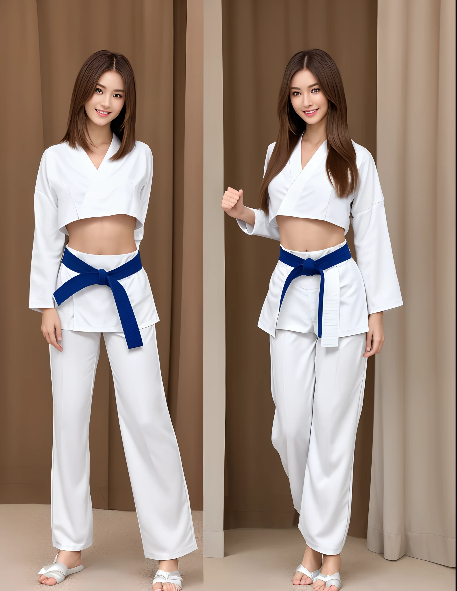 (Photorealsitic)(sixteen years old), Perfectly beautiful woman, (Full body 8K portrait), Stand alone, Dance Dance, Stick out your fist, Large and dynamic hand and foot movements, Correct skeleton, White Karate Uniform, White karate pants, Large bust, Perfect facial detail, (Smile: 1.15), attractive beautiful face, gazing at viewer, a small face, 二重まぶた, Beautiful detailed eyes, long eyeslashes, ligh brown hair, Hairstyle is bob style, Toned waist, large full breasts, Beautiful thin legs, toned ankles, bare-legged ,TOKYOcty