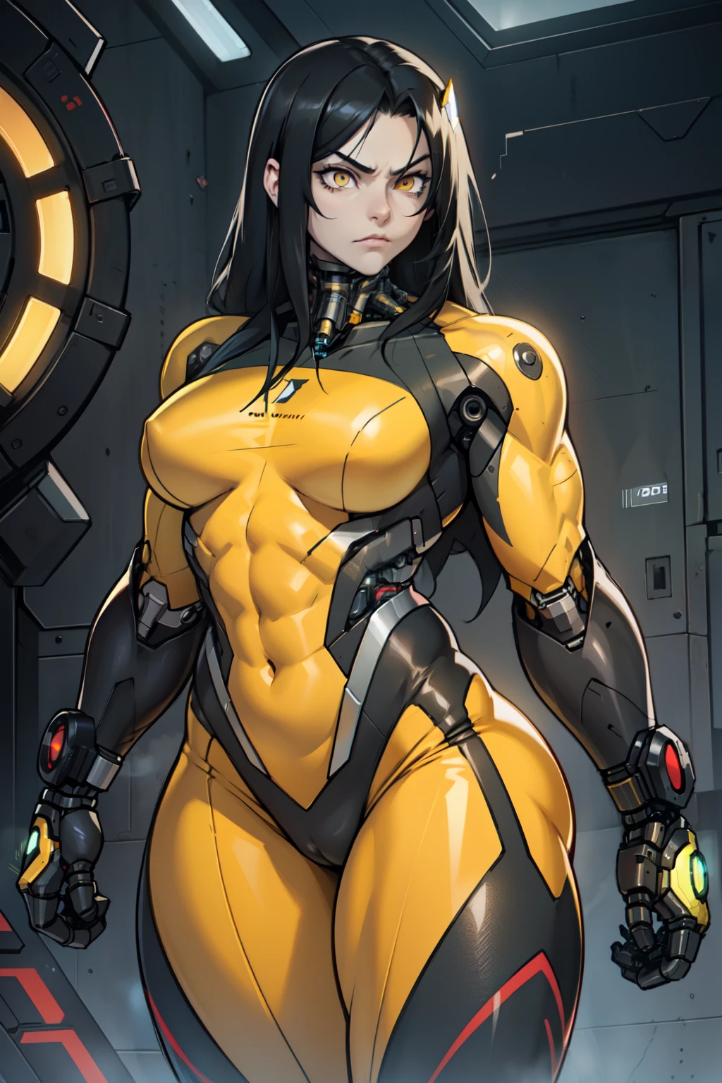 1 girl pale skin black hair yellow eyes long hair angry muscular toned body bodybuilder (((cybernetic suit))) curvy wide hips thick thighs