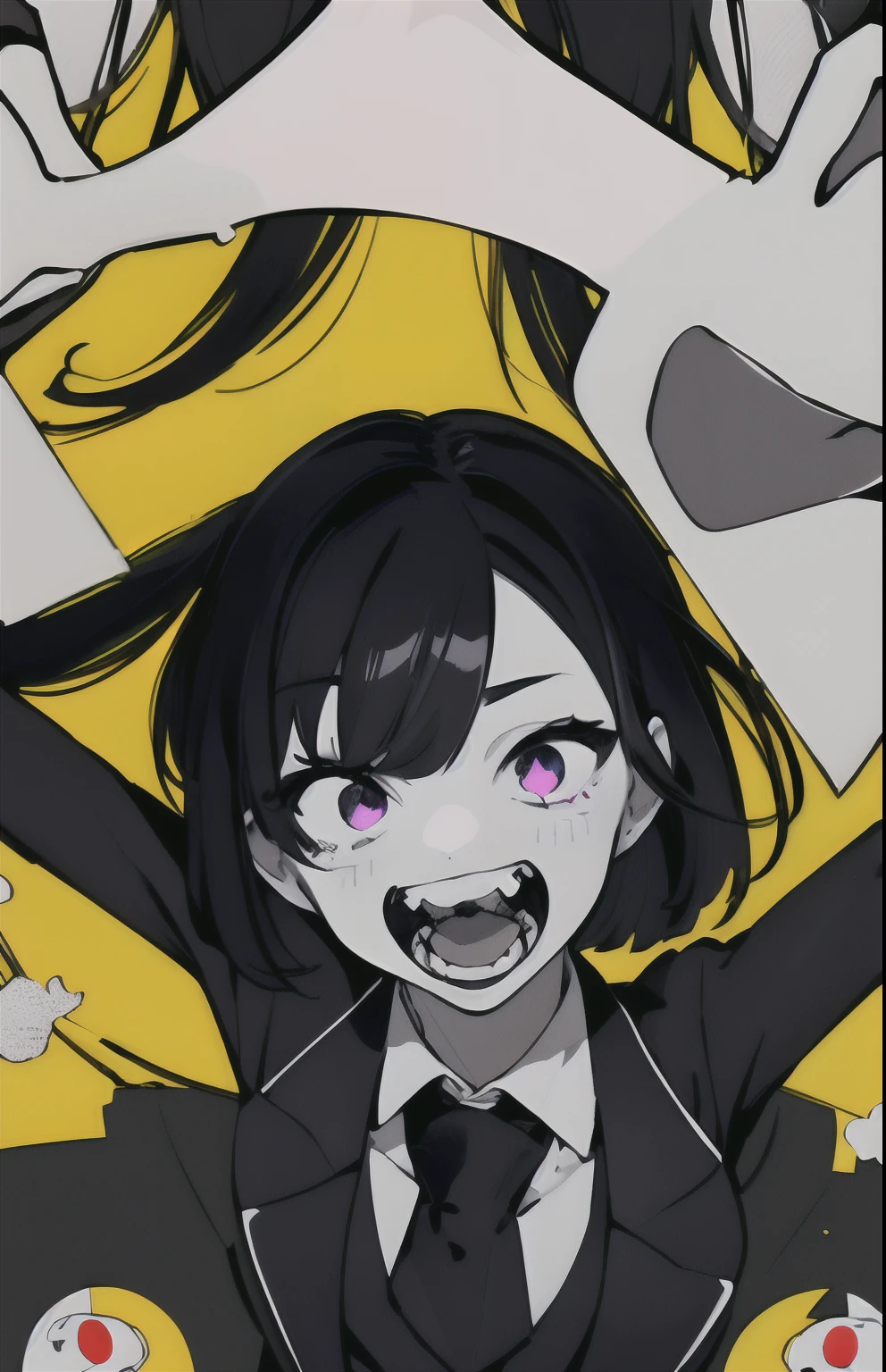 a crazy looking girl in a tuxedo with a glitched effect in black and white