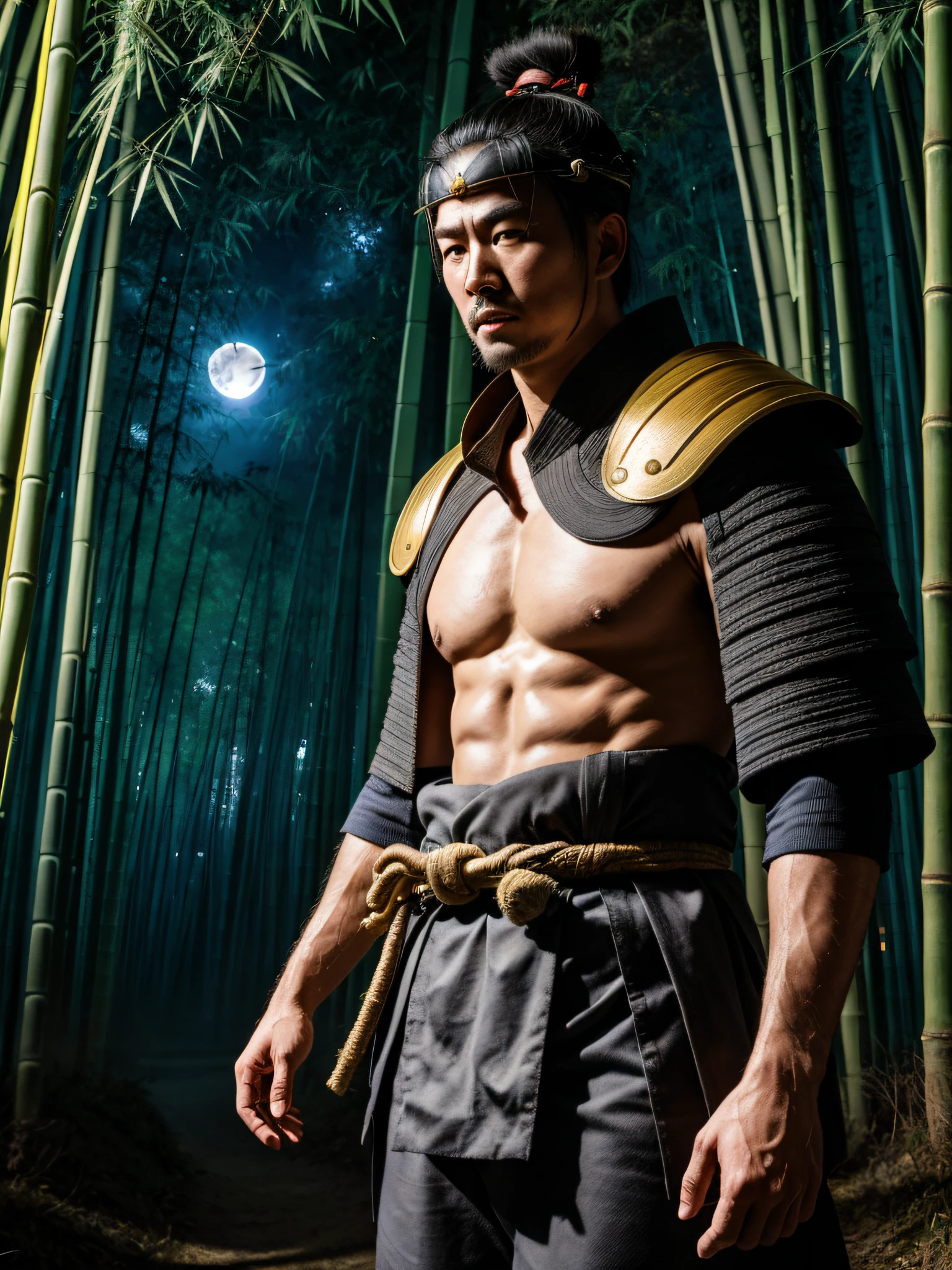 (best quality, 4k, 8k, highres, masterpiece:1.2),ultra-detailed,(realistic, photorealistic, photo-realistic:1.37), ((a samurai walks through the forest, facing camera, portrait, japanese man, male, damaged armor, no helmet, handsome face, muscular, body exposed, wearing traditional japanese fundoshi, large bulge, bruises and cuts on body)), detailed background, night time bamboo forest, illuminated by moonlight