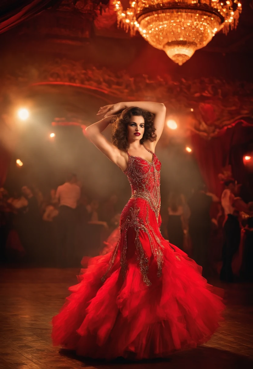 A woman in a red dress is dancing on a stage - SeaArt AI