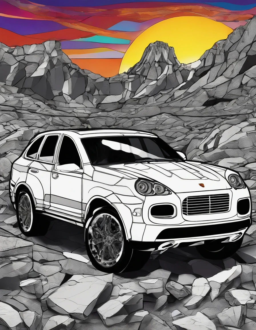2023 (white)(Porsche Cayenne)Horror-themed highly detailed illustration of a gigantic porsche cayenne gigantic wheels, outside in rocky terrain, very rocky, flashlight beams in the background, very dark, spooky, horror, eerie, unsettling, dark, spooky, suspenseful, grim, realism, fog, (but with) detailed retro-futuristic architecture