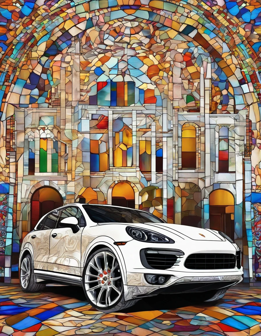 2014 (white)(Porsche Cayenne) out side by river, detailed retro-futuristic architecture