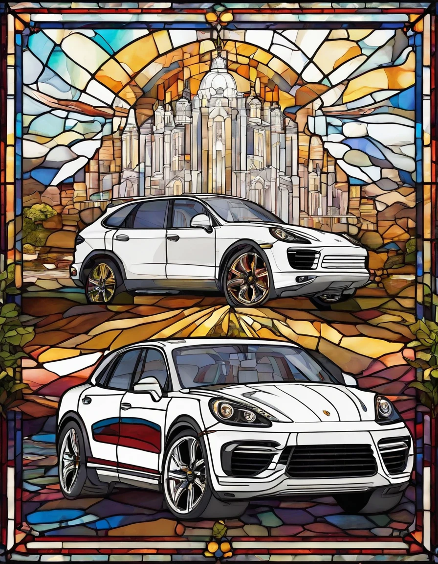 2014 (white)(Porsche Cayenne) out side by river, detailed retro-futuristic architecture