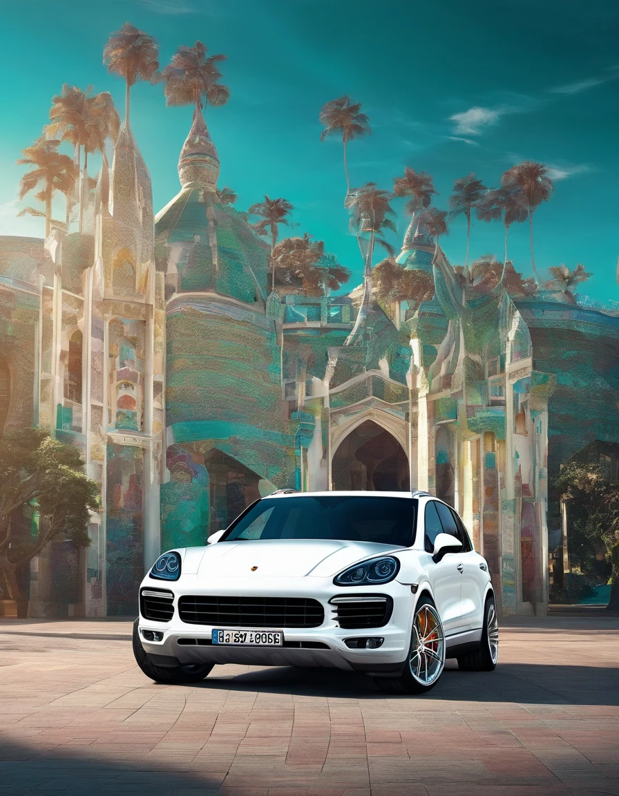 2014 (white)(Porsche Cayenne) (but with) detailed retro-futuristic architecture,ultra-detailed AI Porsche Cayenne exteriors,hot fiery exhaust pipes,massive black tires with white side walls,fast-speed (motion blur), flying drones capturing the race, best quality,high-res 4k,sharp focus,realistic physics-based rendering,vibrant colors,bluish-green color tones,intense studio lighting