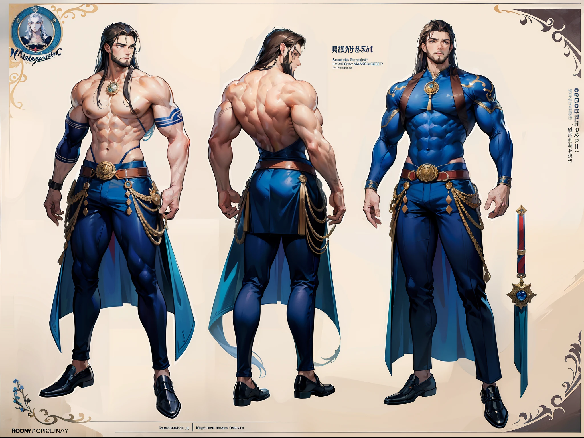 ((Masterpiece, Highest quality)), Detailed face, character design sheet, full bodyesbian, Full of details, frontal body view, back body view, Highly detailed, Depth, Many parts, Muscle boy with long brunnete hair,handsome man, muscle body, navy, commander, man tall, pectoral muscles, abs