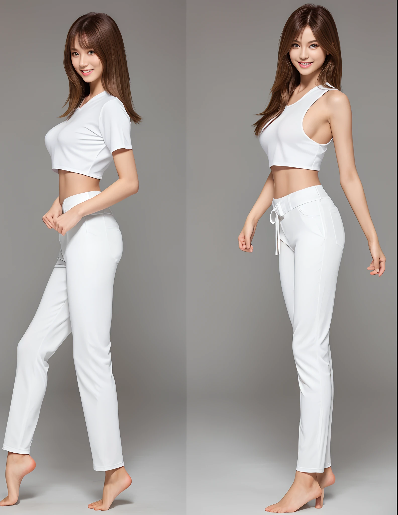 (Photorealsitic)(sixteen years old), Perfectly beautiful woman, (Full body 8K portrait), Stand alone, Dance Dance, Stick out your fist, Large and dynamic hand and foot movements, Correct skeleton, White Karate Uniform, White karate pants, Large bust, Perfect facial detail, (Smile: 1.15), attractive beautiful face, gazing at viewer, a small face, 二重まぶた, Beautiful detailed eyes, long eyeslashes, ligh brown hair, Hairstyle is bob style, Toned waist, large full breasts, Beautiful thin legs, toned ankles, bare-legged ,TOKYOcty