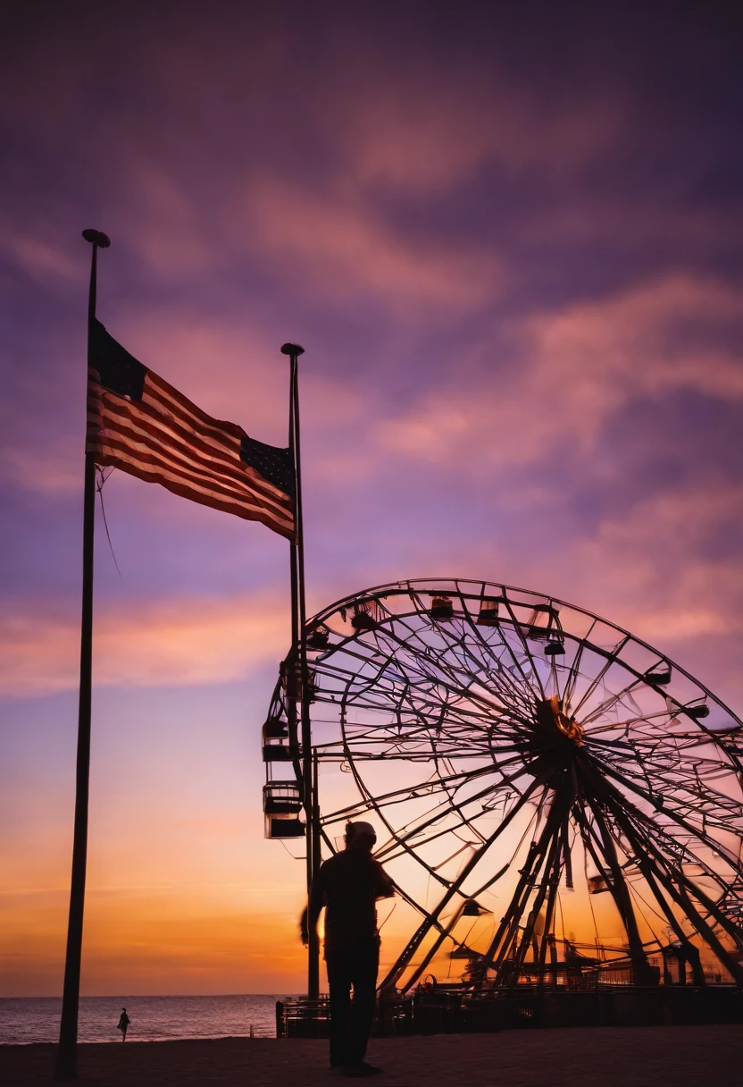 "Por favor, Create a painting of Scrooge McDuck proudly holding an American flag by the beach. In this particular art style, The setting is inspired by the atmosphere of an amusement park. The illumination represents the sunset, With shades of orange and purple painting the sky. O Tio patinhas, Expresses your characteristic personality with joy and pride. Ademais, na cena, Include the silhouette of an amusement park in the background, providing a sense of celebration and excitement."