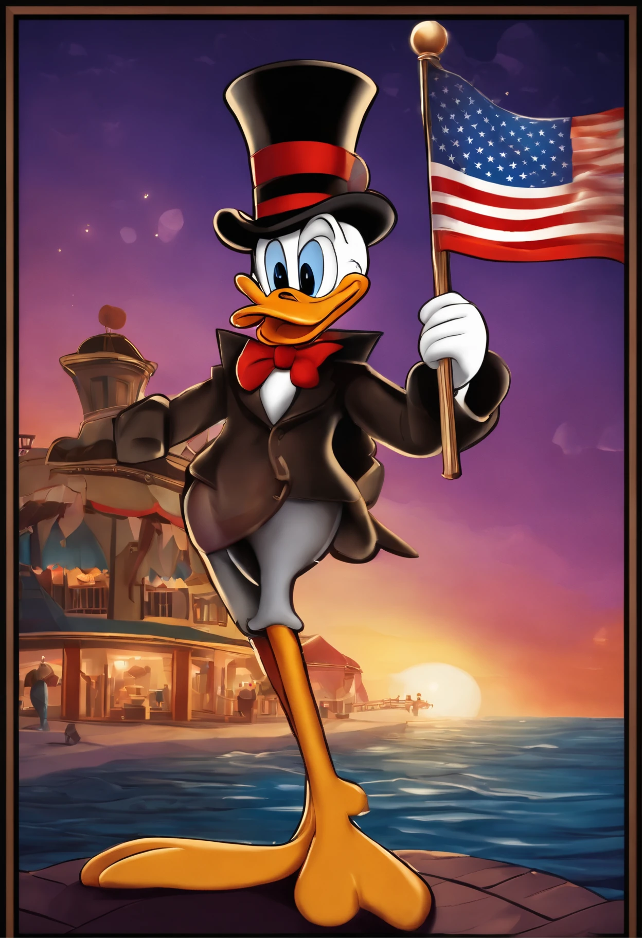"Por favor, Create a painting of Scrooge McDuck proudly holding an American flag by the beach. In this particular art style, The setting is inspired by the atmosphere of an amusement park. The illumination represents the sunset, With shades of orange and purple painting the sky. O Tio patinhas, Expresses your characteristic personality with joy and pride. Ademais, na cena, Include the silhouette of an amusement park in the background, providing a sense of celebration and excitement."