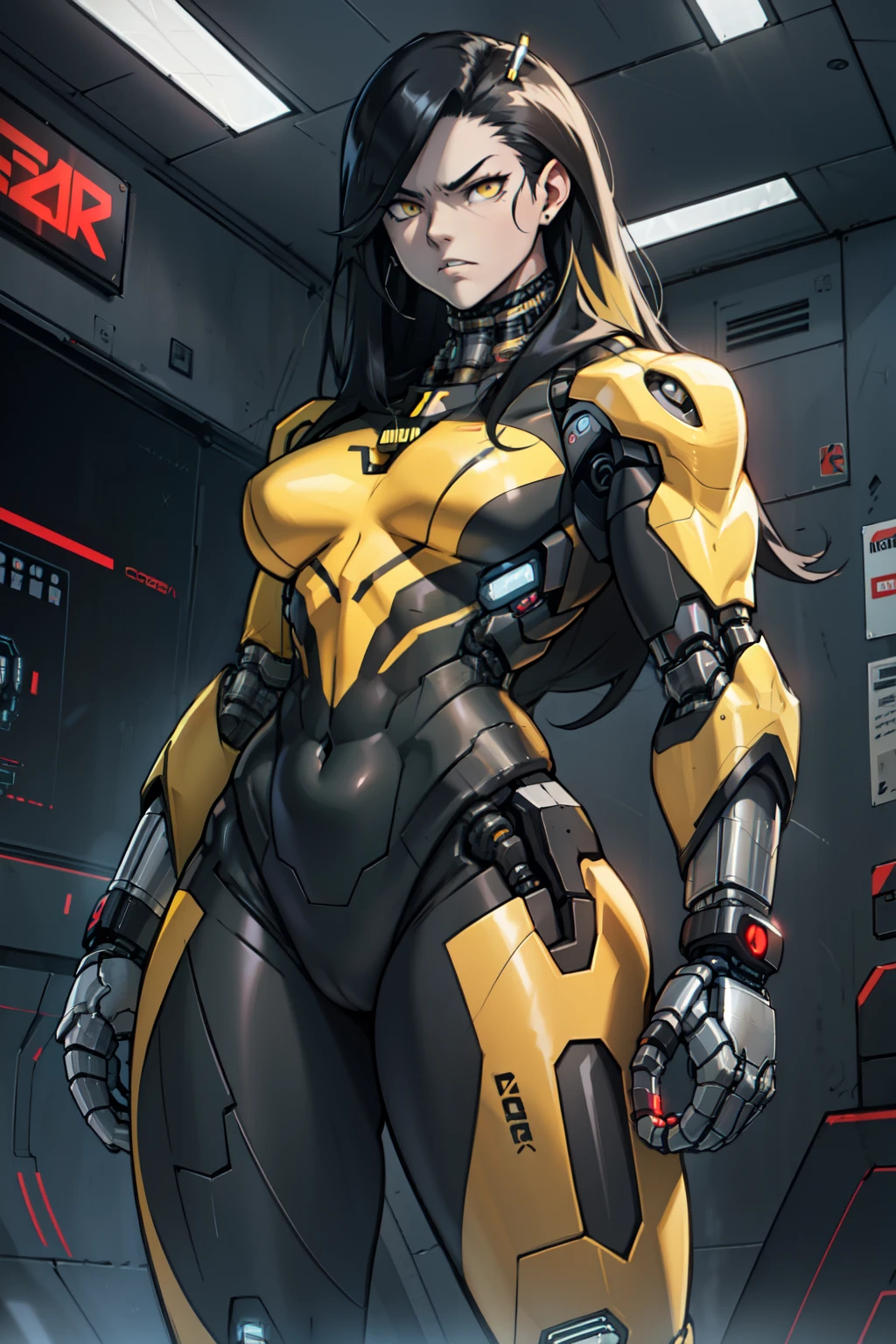 1 girl pale skin black hair yellow eyes long hair angry muscular toned body bodybuilder ((cybernetic suit)) curvy wide hips thick thighs