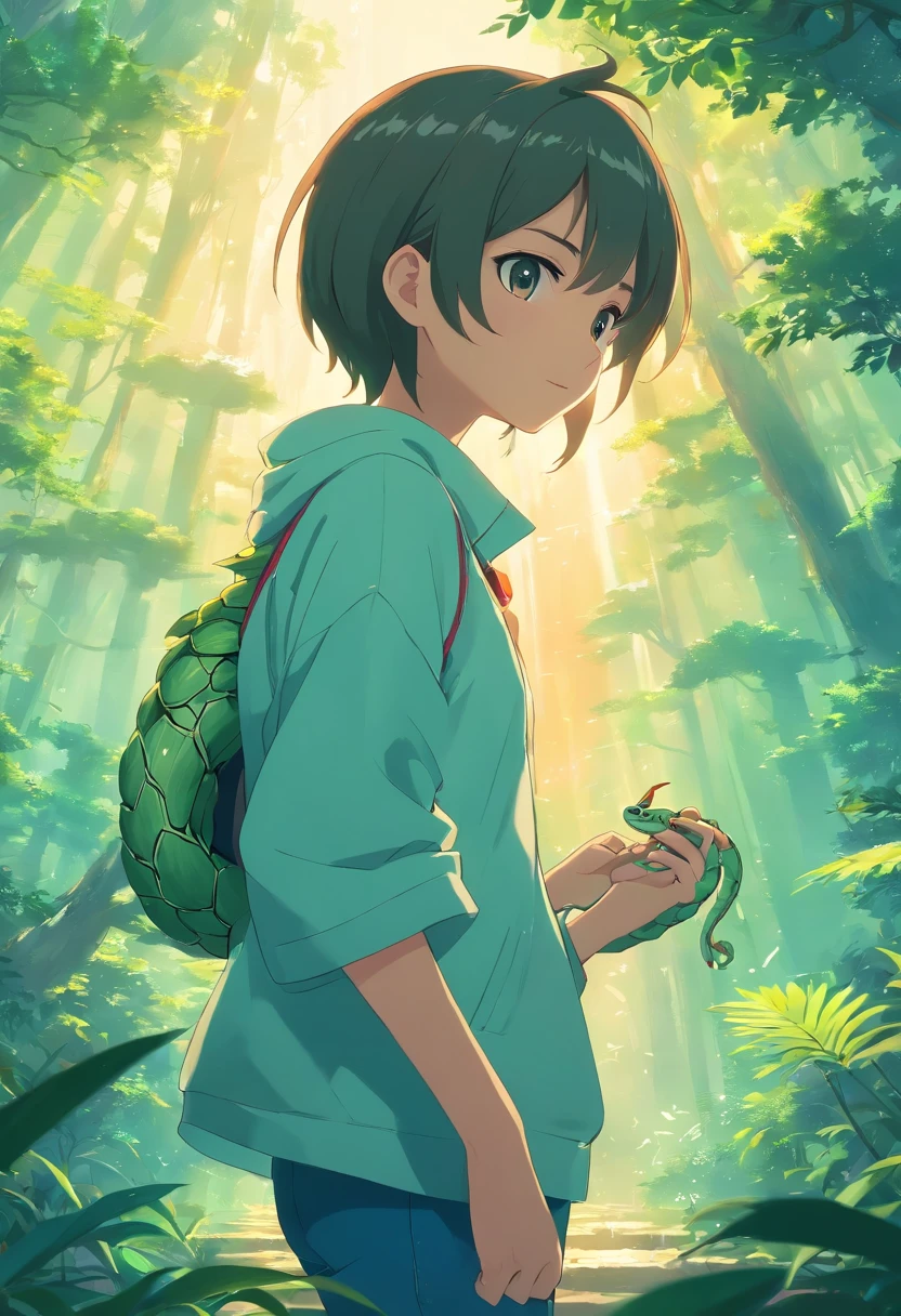 de um cara,Holding a snake in my hand with thunder power , Mystical aura, fundo da floresta, tarde tempestuosa, nevoeiro,atmosfera surreal,4k,alta qualidade,(Chinese folk thriller, Estilo de quadrinhos shounen)