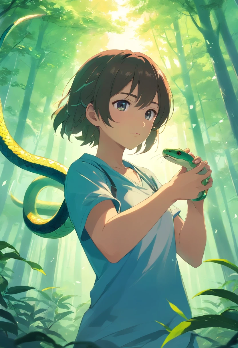 de um cara,Holding a snake in my hand with thunder power , Mystical aura, fundo da floresta, tarde tempestuosa, nevoeiro,atmosfera surreal,4k,alta qualidade,(Chinese folk thriller, Estilo de quadrinhos shounen)