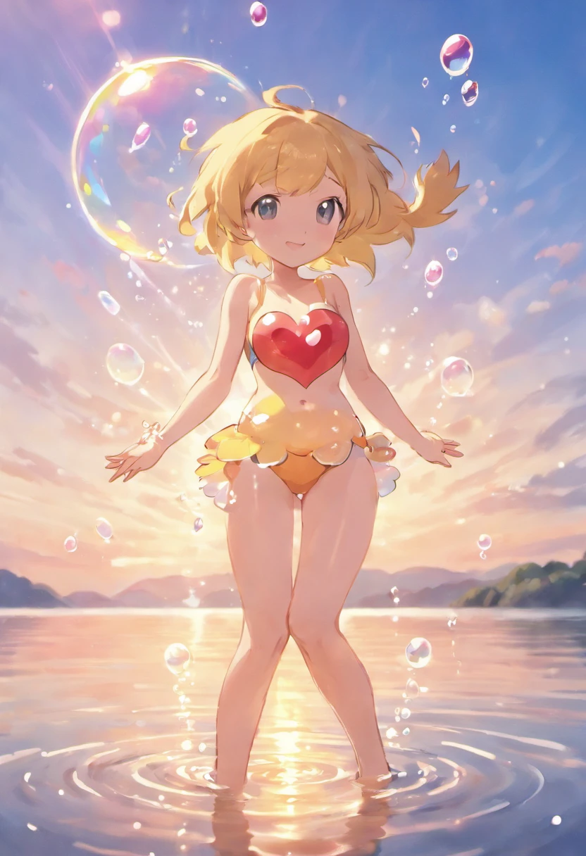 Ultra high definition 3D sensational scene showing off a girl making a wish on the shore of a quiet lake. not any dressed, Holding underwear in your hands, Beautifully rendered down to the smallest detail, Bubbles are seen gently blown into the air, Each of them has a libido-filled wish. Bubbles capturing the reflection of the setting sun, Dreamy creation, magical effect. The overall atmosphere is soft, Full of libido and tranquility, Smirk, blush,1 girl, Heart-shaped pupil, spreading arms, Seiza, from the front side, Looking at Viewer, No swimsuit, The depth of the lake is 3 centimeters