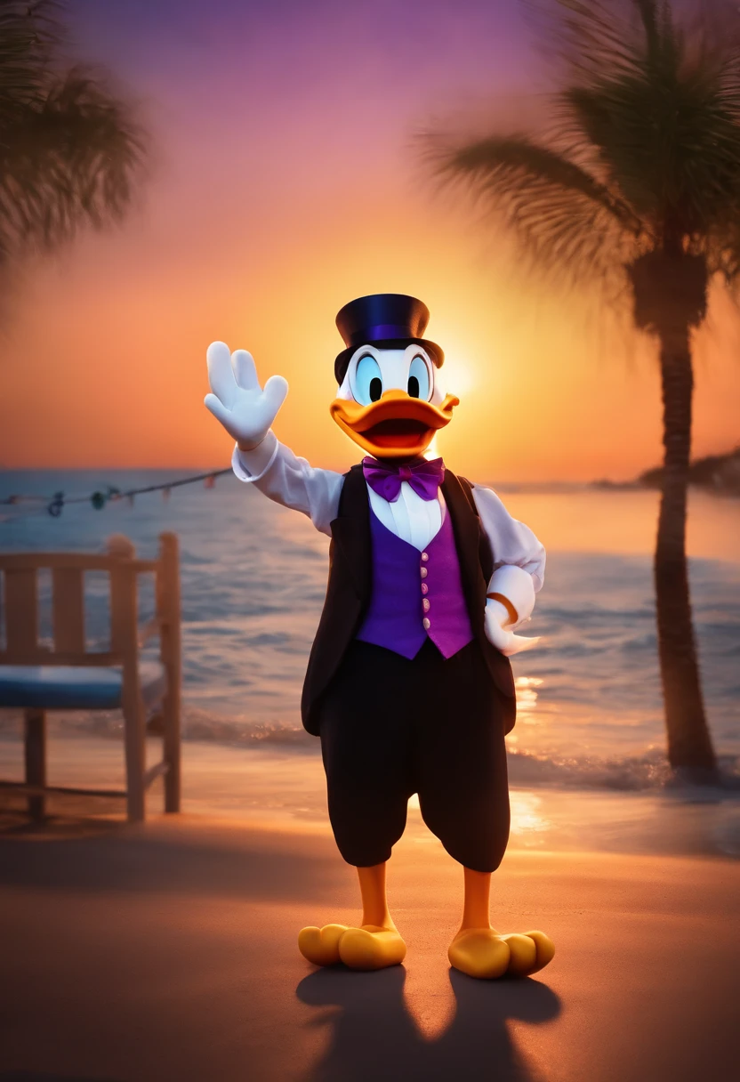 "Por favor, Create a painting of Scrooge McDuck proudly holding an American flag by the beach. In this particular art style, The setting is inspired by the atmosphere of an amusement park. The illumination represents the sunset, With shades of orange and purple painting the sky. O Tio patinhas, Expresses your characteristic personality with joy and pride. Ademais, na cena, Include the silhouette of an amusement park in the background, providing a sense of celebration and excitement."