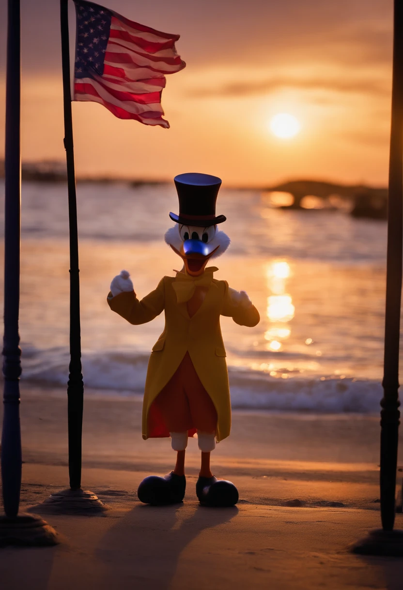 "Por favor, Create a painting of Scrooge McDuck proudly holding an American flag by the beach. In this particular art style, The setting is inspired by the atmosphere of an amusement park. The illumination represents the sunset, With shades of orange and purple painting the sky. O Tio patinhas, Expresses your characteristic personality with joy and pride. Ademais, na cena, Include the silhouette of an amusement park in the background, providing a sense of celebration and excitement."