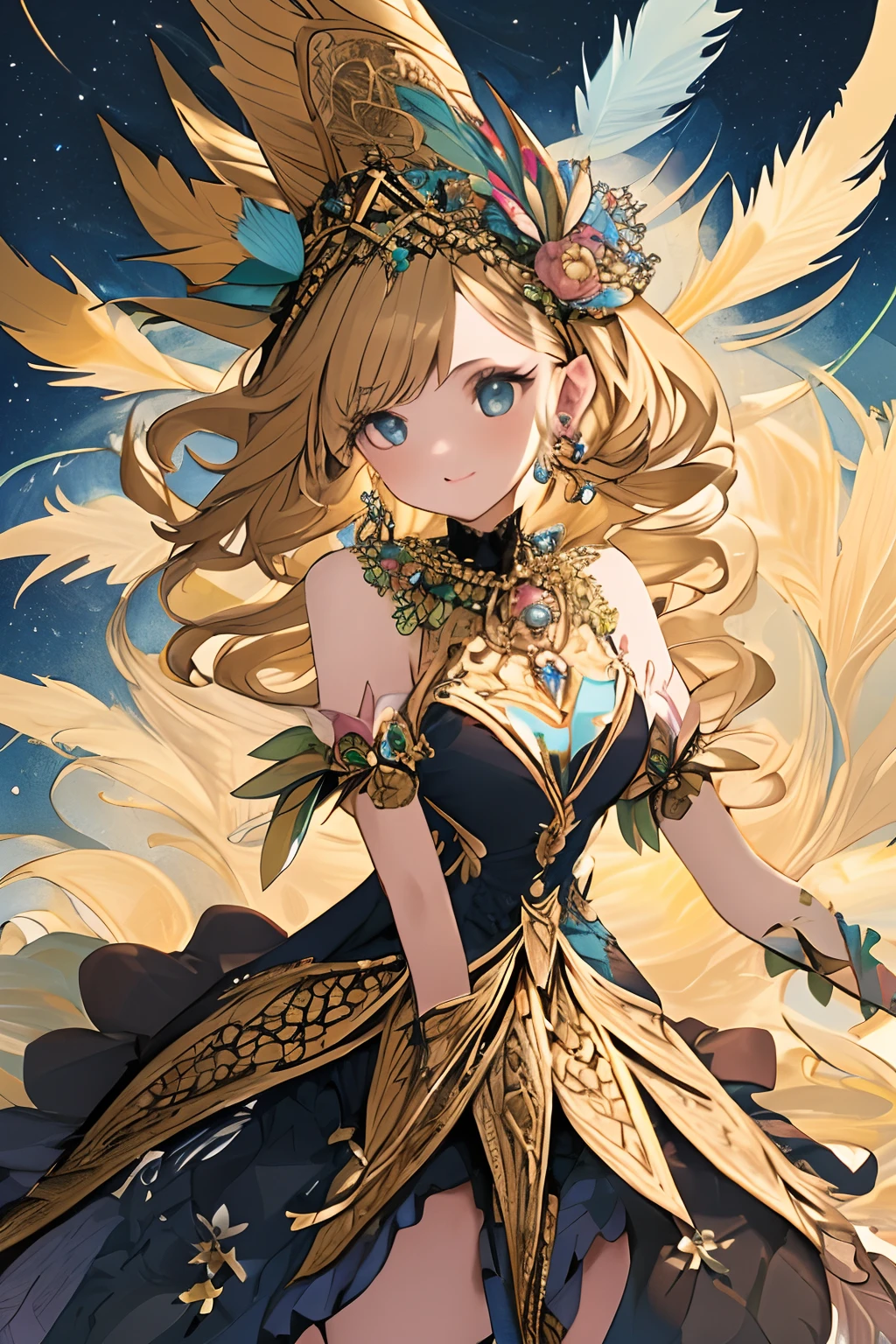 A girl with small breasts, bare shoulders, golden hair, colored feathers, metal ornaments, colored flowers, particles, light rays, (masterpiece, top quality, best quality, official art, beautiful and aesthetic:1.2), (1girl:1.3), extremely detailed,(fractal art:1.1),(colorful:1.1)(flowers:1.3),highest detailed,(zentangle:1.2), (dynamic pose), (abstract background:1.3), (shiny skin), (many colors :1.4), ,(earrings:1.4), (feathers:1.4)