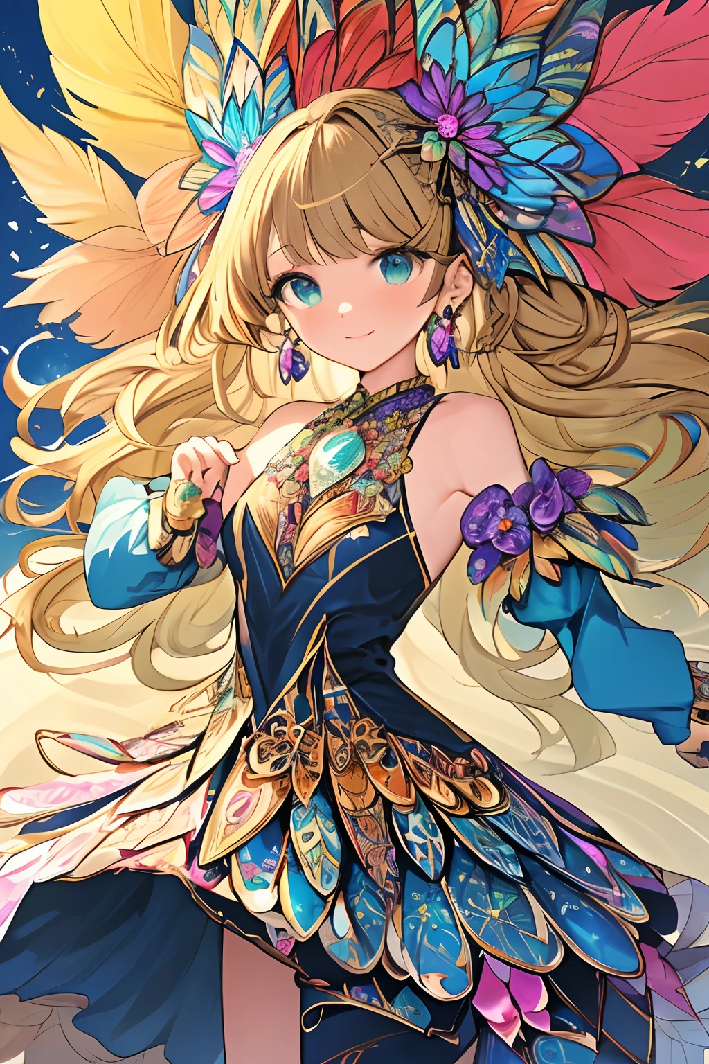 A girl with small breasts, bare shoulders, golden hair, colored feathers, metal ornaments, colored flowers, particles, light rays, (masterpiece, top quality, best quality, official art, beautiful and aesthetic:1.2), (1girl:1.3), extremely detailed,(fractal art:1.1),(colorful:1.1)(flowers:1.3),highest detailed,(zentangle:1.2), (dynamic pose), (abstract background:1.3), (shiny skin), (many colors :1.4), ,(earrings:1.4), (feathers:1.4)