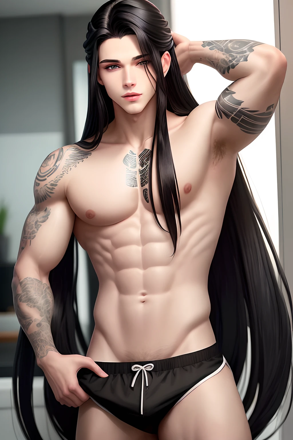 Jovem bonito gostoso com tatuagem, Long black hair is light blue eyes with pink lips, pale skin 1.1, with sleek physique(rosto bonito) anime