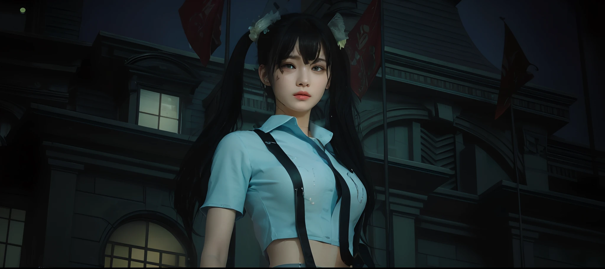 ((Best Quality, 8K, Masterpiece: 1.3)), Sharp: 1.2, Perfect Body Beauty: 1.4, Slim Abs: 1.2, ((Layered Hairstyle, Big Breasts: 1.2)), (Wet White Button Long Shirt: 1.1), (Rain, Street: 1.2), Wet: 1.5, Highly detailed face and skin texture, detailed eyes, double eyelids, side face looking at the camera