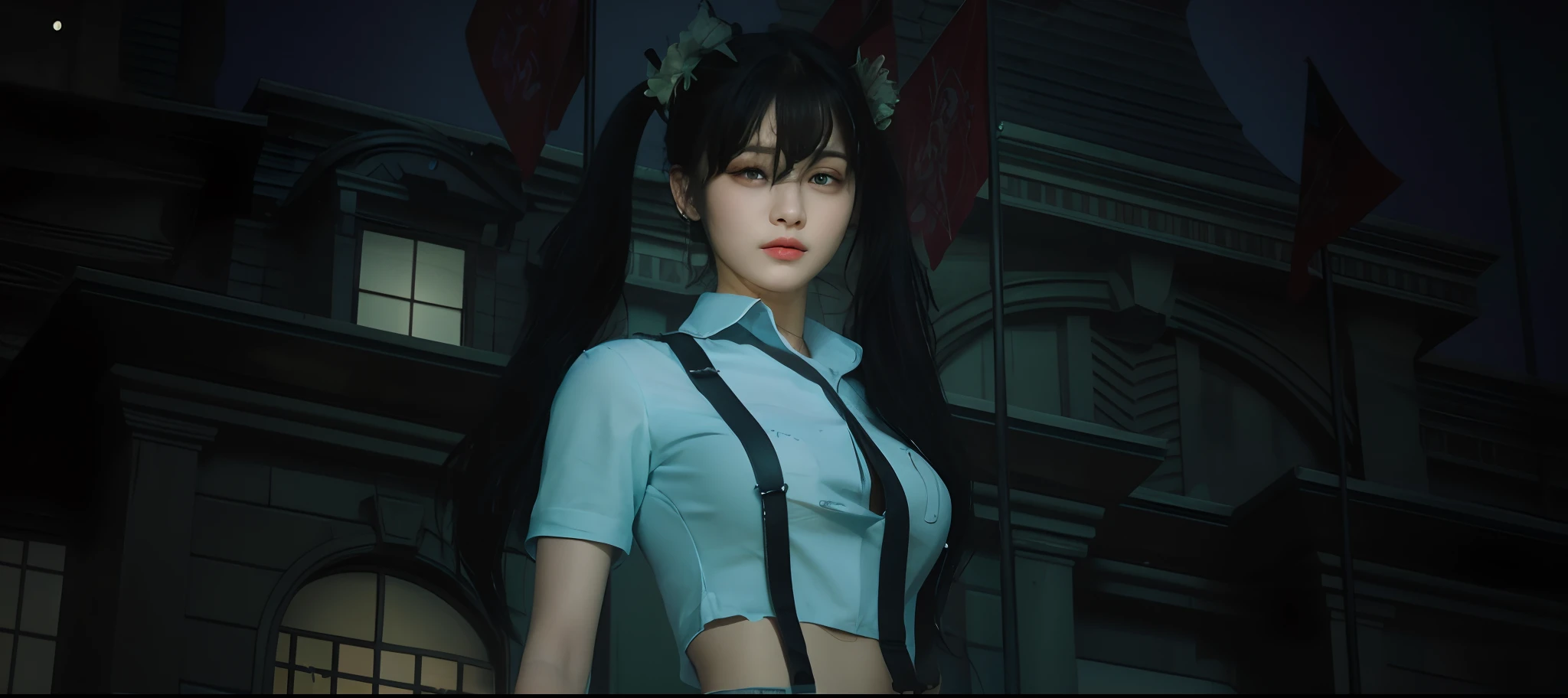 ((Best Quality, 8K, Masterpiece: 1.3)), Sharp: 1.2, Perfect Body Beauty: 1.4, Slim Abs: 1.2, ((Layered Hairstyle, Big Breasts: 1.2)), (Wet White Button Long Shirt: 1.1), (Rain, Street: 1.2), Wet: 1.5, Highly detailed face and skin texture, detailed eyes, double eyelids, side face looking at the camera