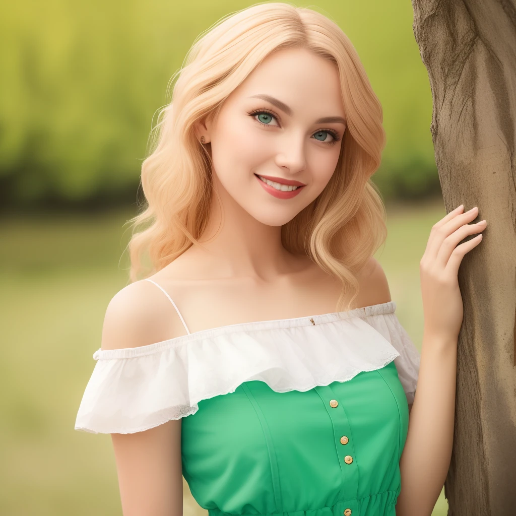 Lolita, off-the-shoulder, pink dress flowers, smile, blonde hair, fluttering hair, natural light, perfect figure, delicate facial features, big green eyes