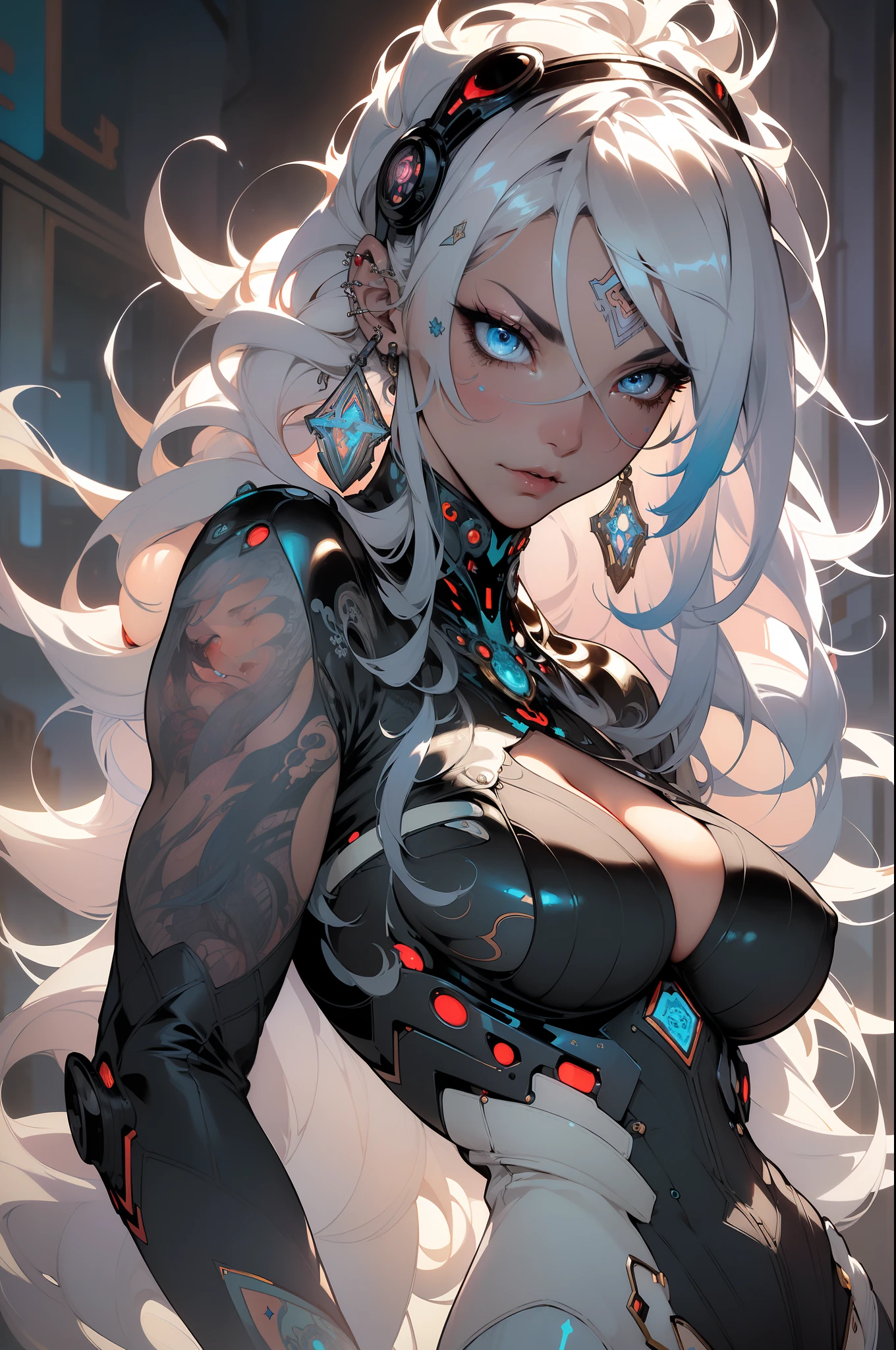 ((Best quality UHD)), ((masterpiece)), (detailed: 1.4), (Absurd), the most beautiful and sexy cyberpunk girl, long platinum white hair, dark kinetic skin, vibrant glowing blue eyes, hot woman, wearing highly detailed futuristic battle armor, sculptural body (((huge enormously gigantic breasts, cleavage showing)), tons of tattoos and piercings(((unkempt hair)), very long finely detailed eyelashes, by mucha, niji --V5, close to real, sexy dynamic pose, pastel, centered, scale to fit the dimensions, futuristic cyber City, highy detailed background, perfect masterpiece, best quality, best resolution