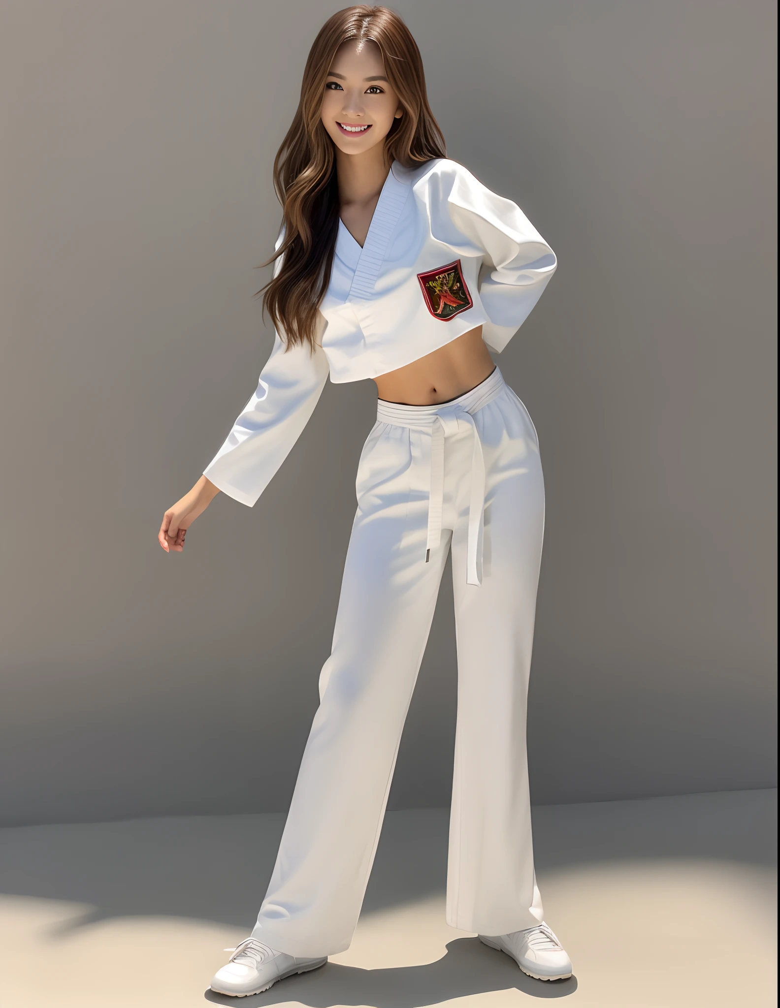 (Photorealsitic)(), Perfectly beautiful woman, (Full body 8K portrait), Stand alone, Dance Break Dance, Stick out your fist, Large and dynamic hand and foot movements, Correct skeleton, White Karate Uniform, White karate pants, Large bust, Perfect facial detail, (Smile: 1.15), attractive beautiful face, gazing at viewer, a small face, 二重まぶた, Beautiful detailed eyes, long eyeslashes, ligh brown hair, Hairstyle is bob style, Toned waist, large full breasts, Beautiful thin legs, toned ankles, bare-legged ,TOKYOcty