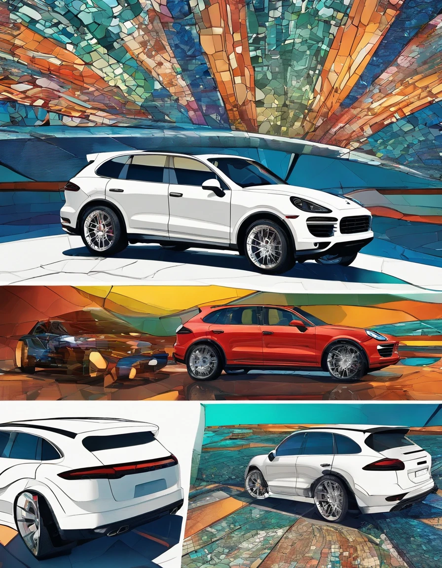 2014 (white)(Porsche Cayenne) (but with) detailed retro-futuristic architecture,ultra-detailed AI Porsche Cayenne exteriors,hot fiery exhaust pipes,massive black tires with white side walls,fast-speed (motion blur), flying drones capturing the race, best quality,high-res 4k,sharp focus,realistic physics-based rendering,vibrant colors,bluish-green color tones,intense studio lighting