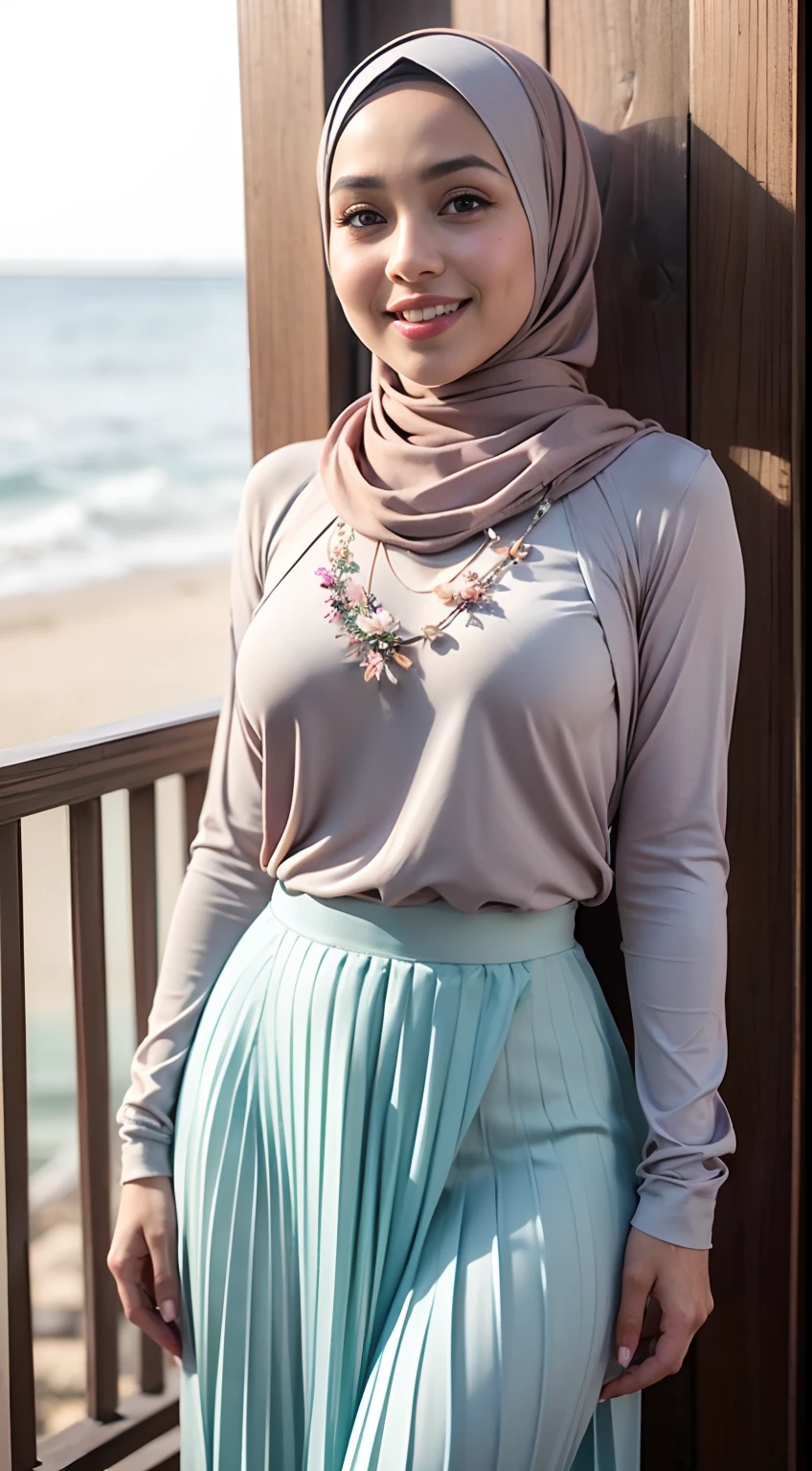 RAW, Best quality, high resolution, Masterpiece: 1.3), Beautiful Malay woman in hijab, Masterpiece, Perfect slim body, Beautiful big eyes, Watery eyes, Soft smile, Wet lips, big breasts, ((wearing a tight long dress with a small pastel flower pattern closed hijab pattern)), simple diamond necklace, ((closed clothes), ((simple clothes)),((long loose pleated skirt that reaches the ankles)), full body, smiling, breezy, skin details, skin texture details , thick thighs, sexy body, morning time, smiling, happy, bright sunshine, seashore, blurred background, bokeh
