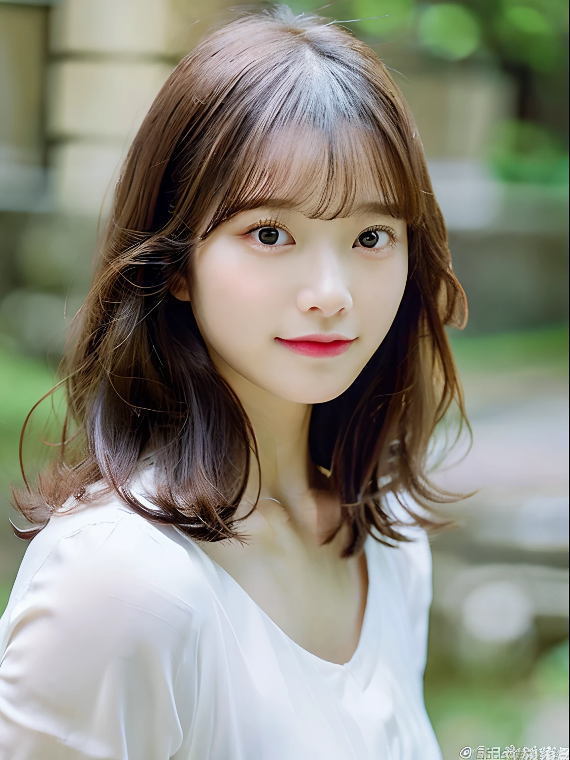 top-quality、超A high resolution、(Photorealsitic:1.4)、女の子1人、(faded ash gray hair:1)、Small breasts、looking at viewert、a closeup、A Japanese Lady、white backgrounid、takeout、Natural styling、Looking at the camera、Cute impression、A simply dressed、white  shirt、Less exposure、With bangs、Natural curly hair、