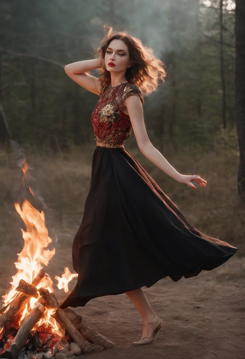 Uma linda cigana, Dancing around a campfire. wearing lots of gold jewelry and a red and black dress with 7 skirts