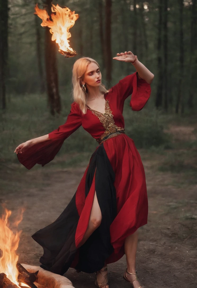 Uma linda cigana, Dancing around a campfire. wearing lots of gold jewelry and a red and black dress with 7 skirts