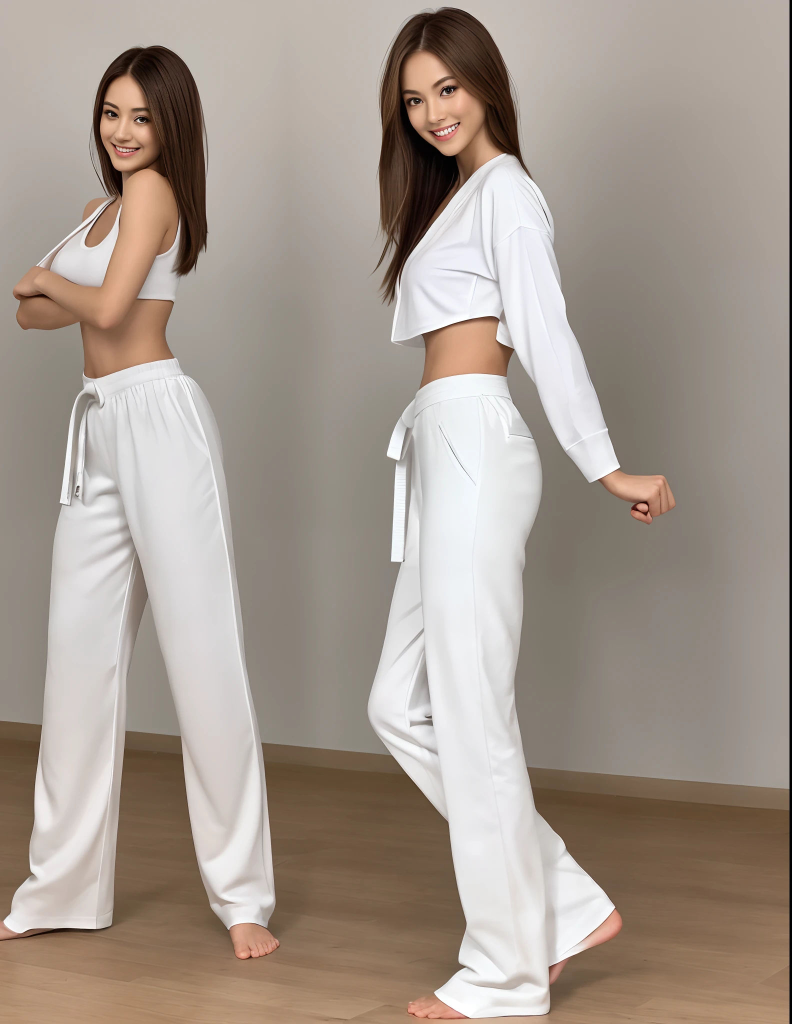 (Photorealsitic)(sixteen years old), Perfectly beautiful woman, (Full body 8K portrait), Stand alone, Dance Break Dance, Stick out your fist, Large and dynamic hand and foot movements, Correct skeleton, White Karate Uniform, White karate pants, Large bust, Perfect facial detail, (Smile: 1.15), attractive beautiful face, gazing at viewer, a small face, 二重まぶた, Beautiful detailed eyes, long eyeslashes, ligh brown hair, Hairstyle is bob style, Toned waist, large full breasts, Beautiful thin legs, toned ankles, bare-legged ,TOKYOcty
