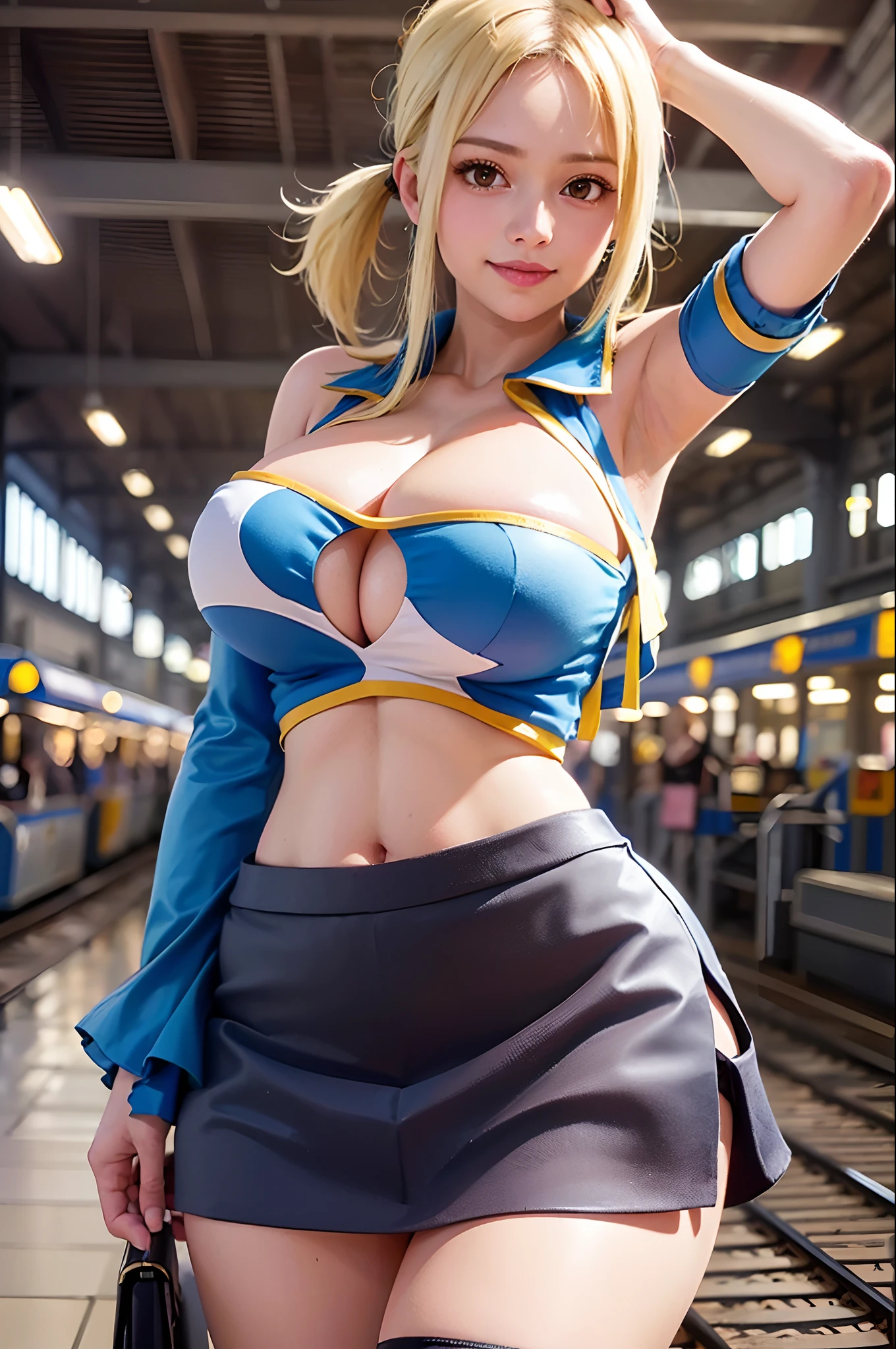 (Masterpiece, best quality, 32k HDR, high resolution), ((photorealistic, lucy2sokakaiju,1girl, detached sleeves, navel, short skirt, mini skirt, thigh high, bare shoulders, crop top, smile)), ((exposed shaved armpits:1.2, huge sagging breast:1.15)), ((train station)),