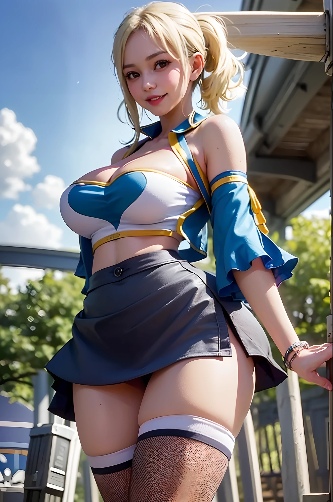 (Masterpiece, best quality, 32k HDR, high resolution), ((photorealistic, lucy2sokakaiju,1girl, detached sleeves, navel, short skirt, mini skirt, thigh high, bare shoulders, crop top, smile)), ((exposed shaved armpits:1.2, huge sagging breast:1.15)), ((train station)),