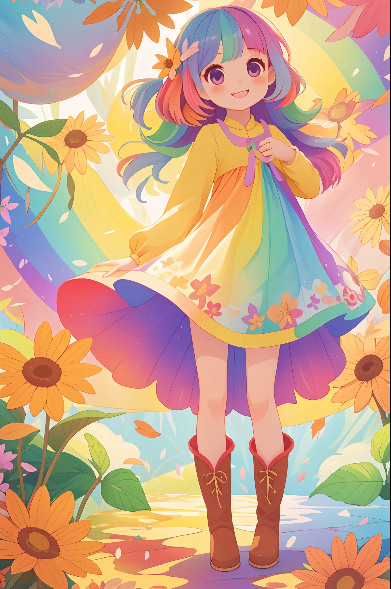 Stand in front of the photo、1girl in,Full body, rainbow color Hair,long boots,A slight smil、kawaii pose、Flowing iridescent silk、up of face、Eye Up、Colorcon with heart pattern、Floral dress、There are flowers even in front of you、flower petals、season!!: autumnal☀ 🍂