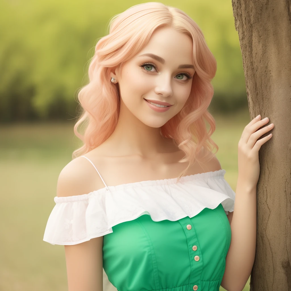 Lolita, off-the-shoulder, pink dress flowers, smile, blonde hair, fluttering hair, natural light, perfect figure, delicate facial features, big green eyes, facial piercings