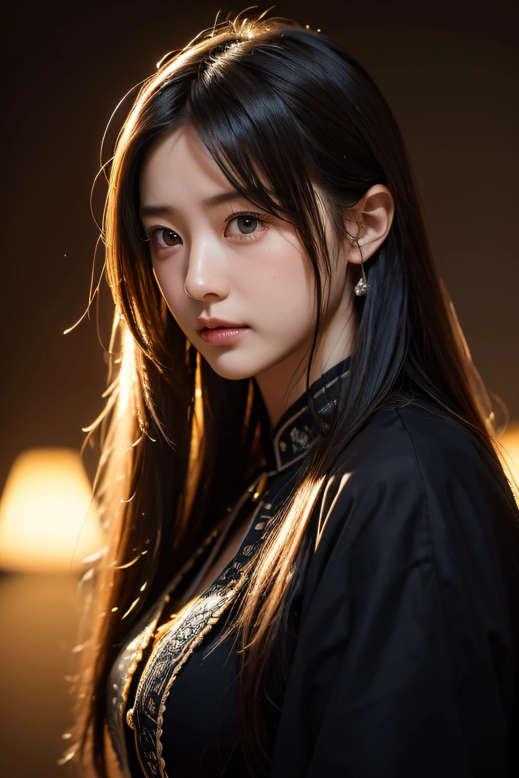 (Raw photo, Best Quality), (Realistic, Photorealsitic:1.3),Best Quality,Highly detailed,masutepiece,Ultra-detailed,Illustration,1girl in,The upper part of the body_Body,Dynamic Angle,world masterpiece theater,Messy_long_hair,Best Quality,the Extremely Detailed CG Unity 8K Wallpapers,inky,amazing,Cinematic lighting,lens_f lare, dunhuang_Style ,black backgrounds、