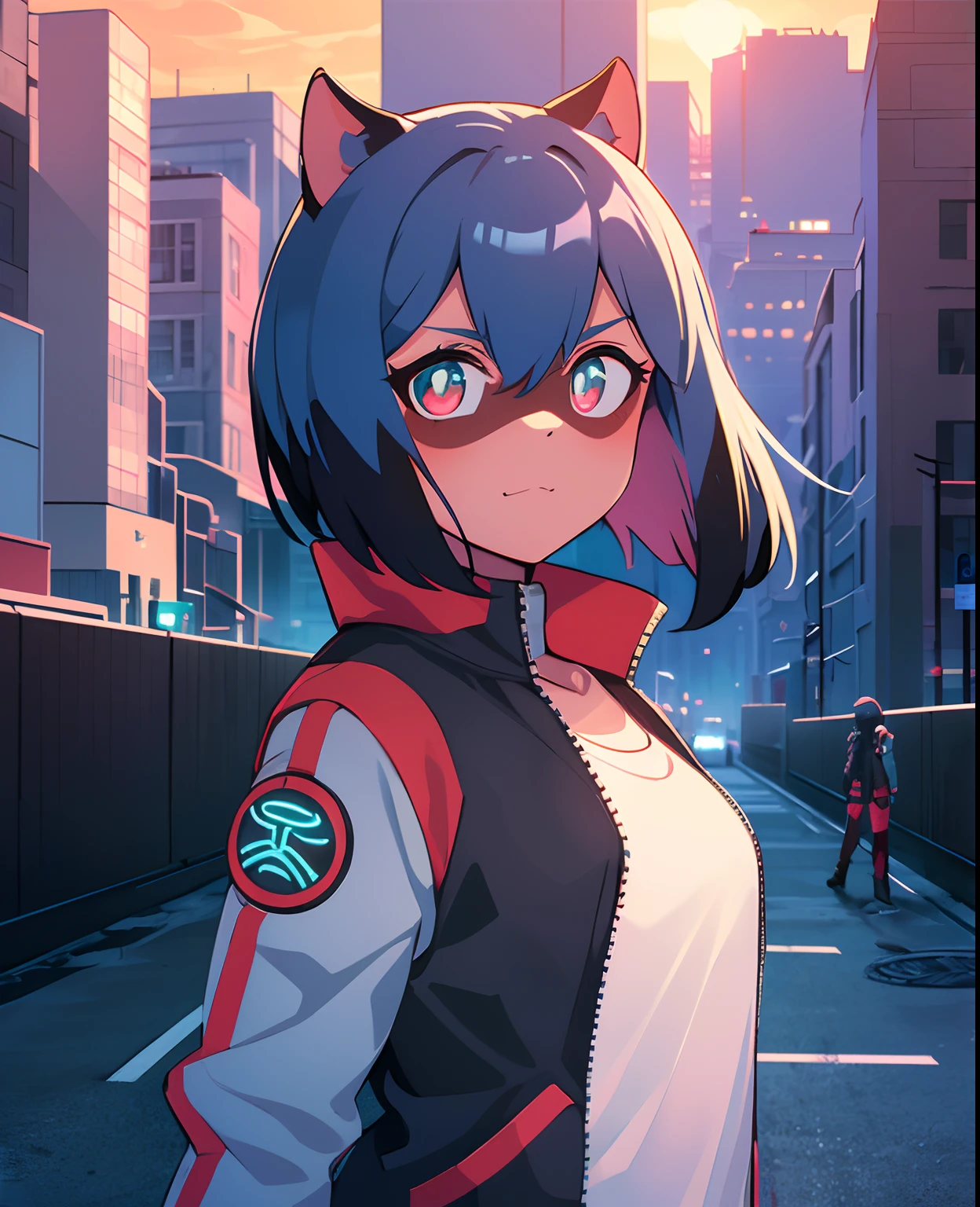 cyberpunk, portrait, black , red neon eyes, wearing stylish [black|red] clothes standing in a city, (sunrize:1.4), road, intricate, phototealistic