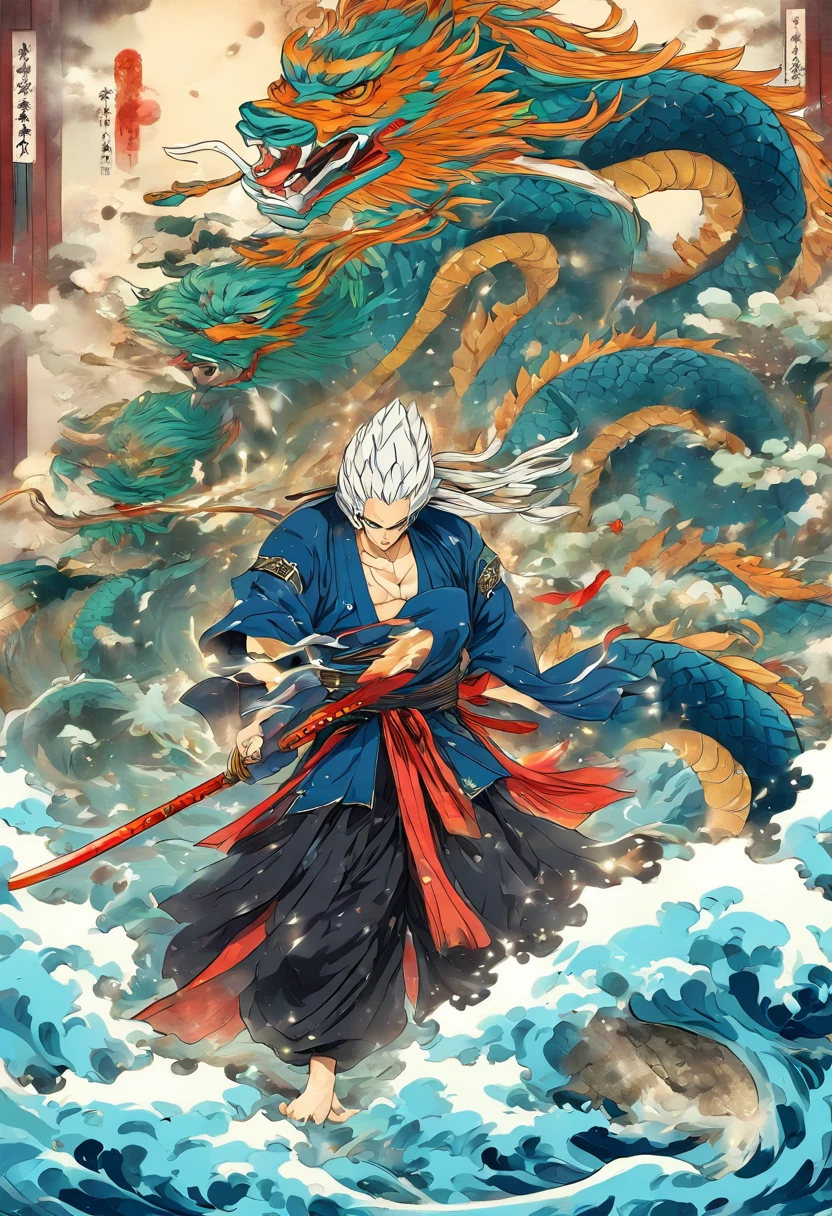Homem Roupas azuis e brancas,bandana branca, cabelos pretos longos, cobra branca e azul, Cutting off youkai's head, Beheading, Matando um youkai, thunder, tempestade, clima tempestuoso,Espada Samurai, Samurai, Katana Espada, chinesedragon, Shui Mo Hua, lotuses, Estilo de pintura chinesa, Estilo Thangka