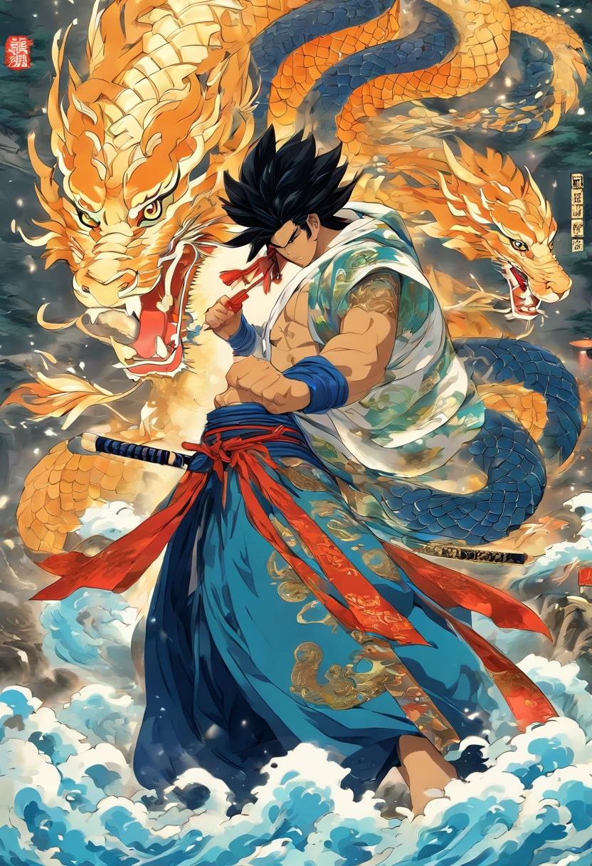 Homem Roupas azuis e brancas,bandana branca, cabelos pretos longos, cobra branca e azul, Cutting off youkai's head, Beheading, Matando um youkai, thunder, tempestade, clima tempestuoso,Espada Samurai, Samurai, Katana Espada, chinesedragon, Shui Mo Hua, lotuses, Estilo de pintura chinesa, Estilo Thangka