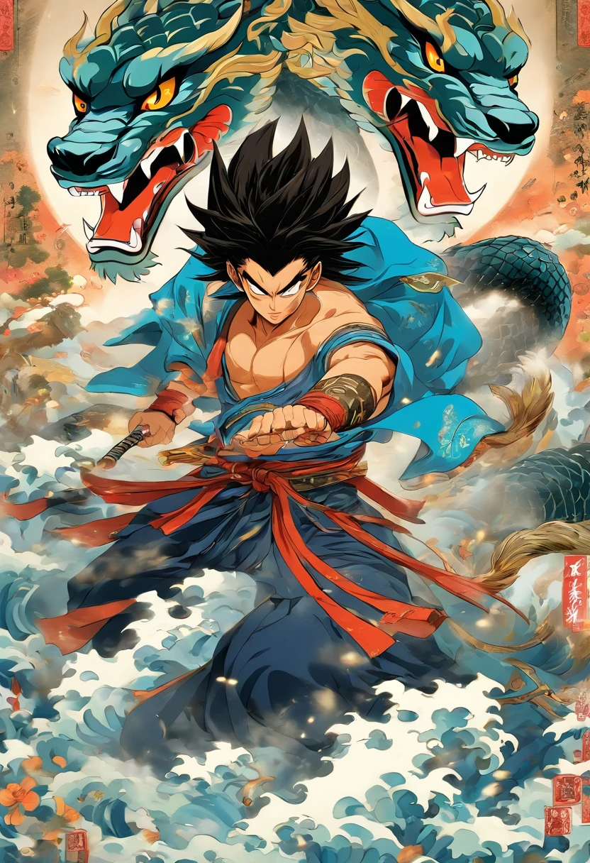 Goku, super saiyan 4, very sarcastic smile, looking the cam, forced perspective, semi full-body, standing pose, long whithe pants and blue stip at the waist