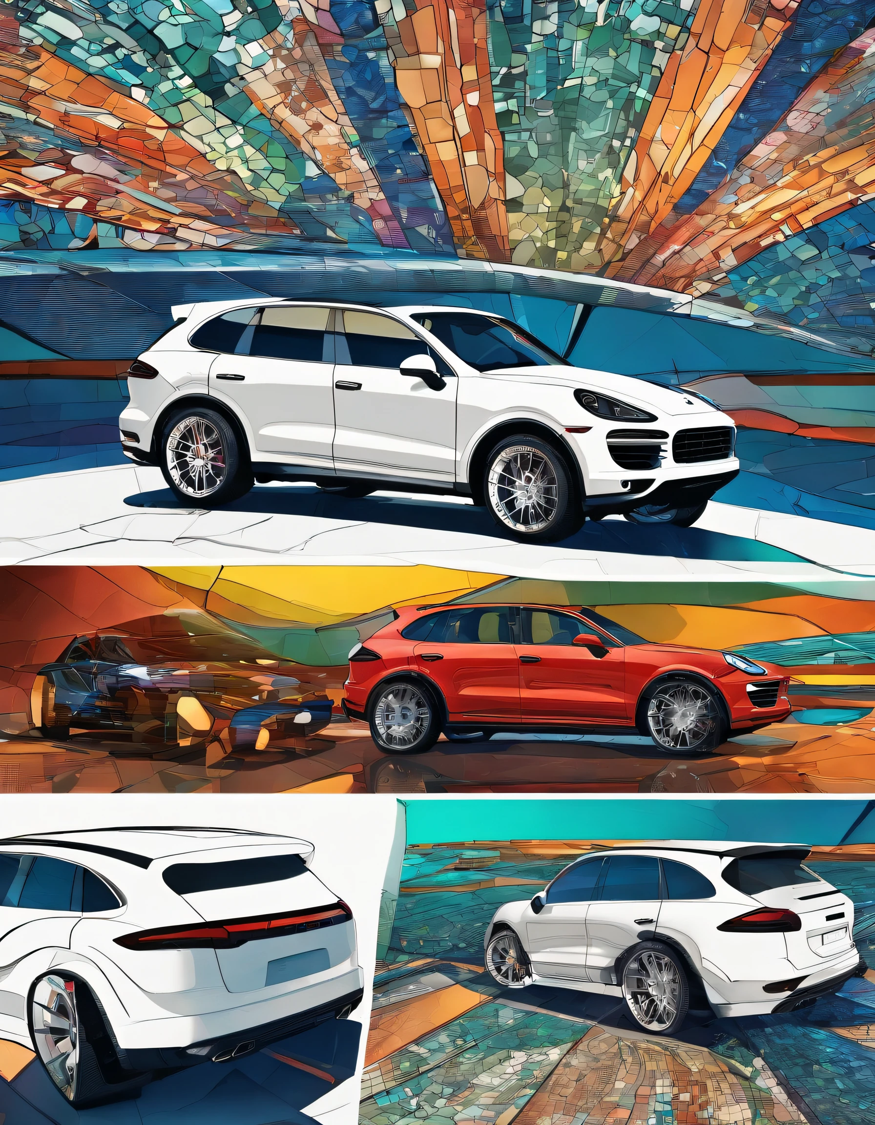 2014 (white)(Porsche Cayenne) (but with) detailed retro-futuristic architecture,ultra-detailed AI Porsche Cayenne exteriors,hot fiery exhaust pipes,massive black tires with white side walls,fast-speed (motion blur), flying drones capturing the race, best quality,high-res 4k,sharp focus,realistic physics-based rendering,vibrant colors,bluish-green color tones,intense studio lighting
