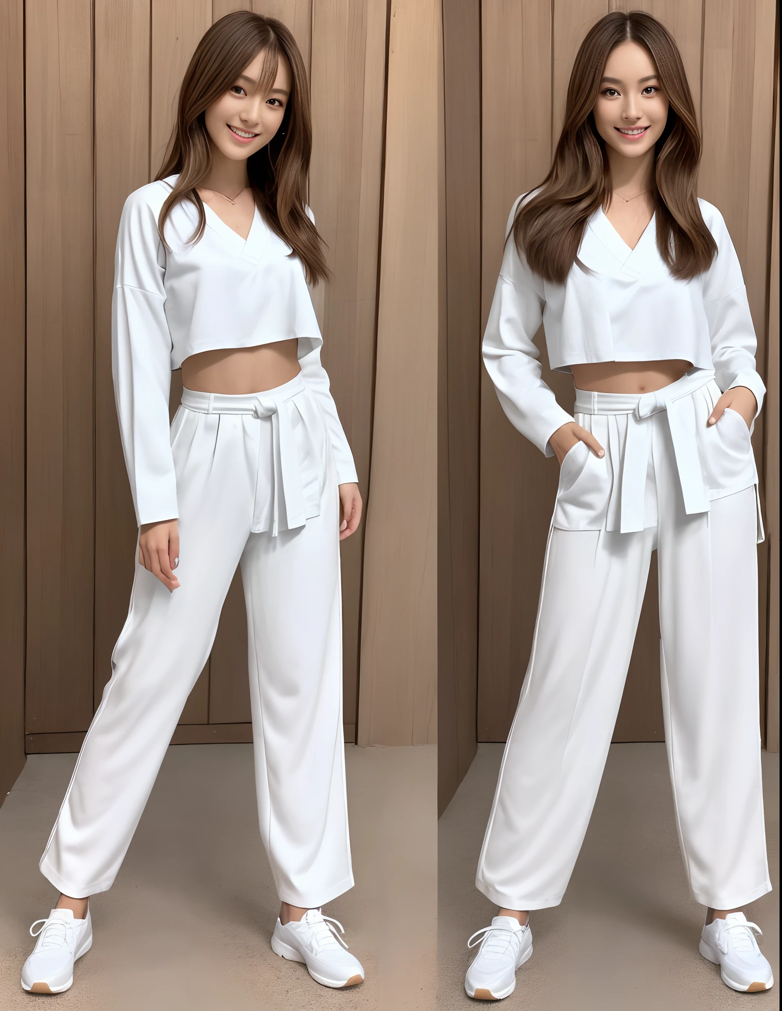 (Photorealsitic)(sixteen years old), Perfectly beautiful woman, (Full body 8K portrait), Stand alone, Dance Break Dance, Stick out your fist, Large and dynamic hand and foot movements, Correct skeleton, White Karate Uniform, White karate pants, Large bust, Perfect facial detail, (Smile: 1.15), attractive beautiful face, gazing at viewer, a small face, 二重まぶた, Beautiful detailed eyes, long eyeslashes, ligh brown hair, Hairstyle is bob style, Toned waist, large full breasts, Beautiful thin legs, toned ankles, bare-legged ,TOKYOcty