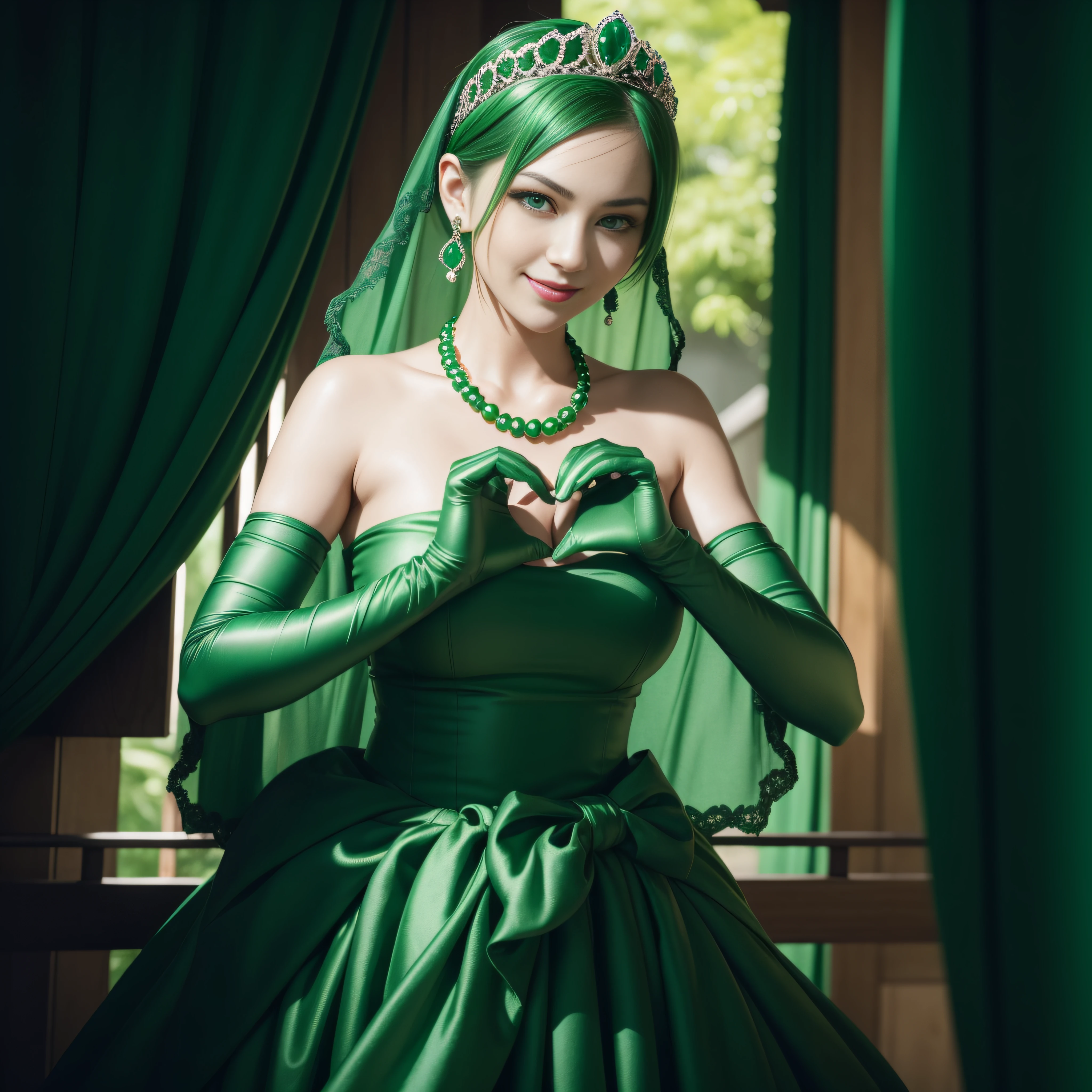 emerald tiara, Green Pearl Necklace, Boyish very short green hair, lipsticks, Japan woman smiling, very short short hair,  big breasts beautiful, Green eyes, Long green gloves made of satin material, Green eyes, Emerald Earrings, green vale, Heart with both hands