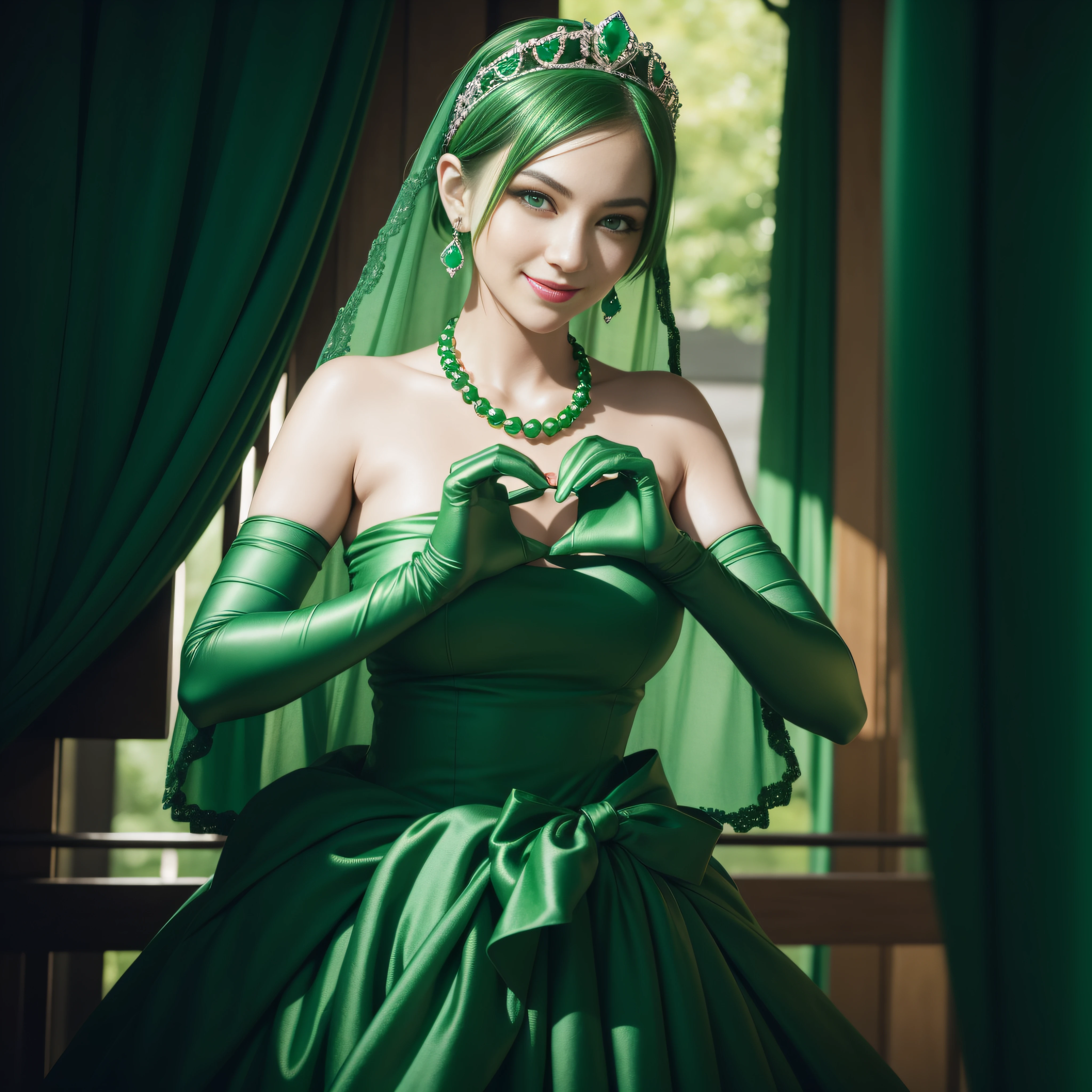 emerald tiara, Green Pearl Necklace, ボーイッシュな非常に短いgreen hair, green lips, smiling Japanese woman, very short hair,  Beautiful woman with big breasts, green eyes, green satin long gloves, green eyes, emerald earrings, Green veil, Heart with both hands, green hair, beautiful japanese woman, heart shaped hands:1.3, green lip gloss