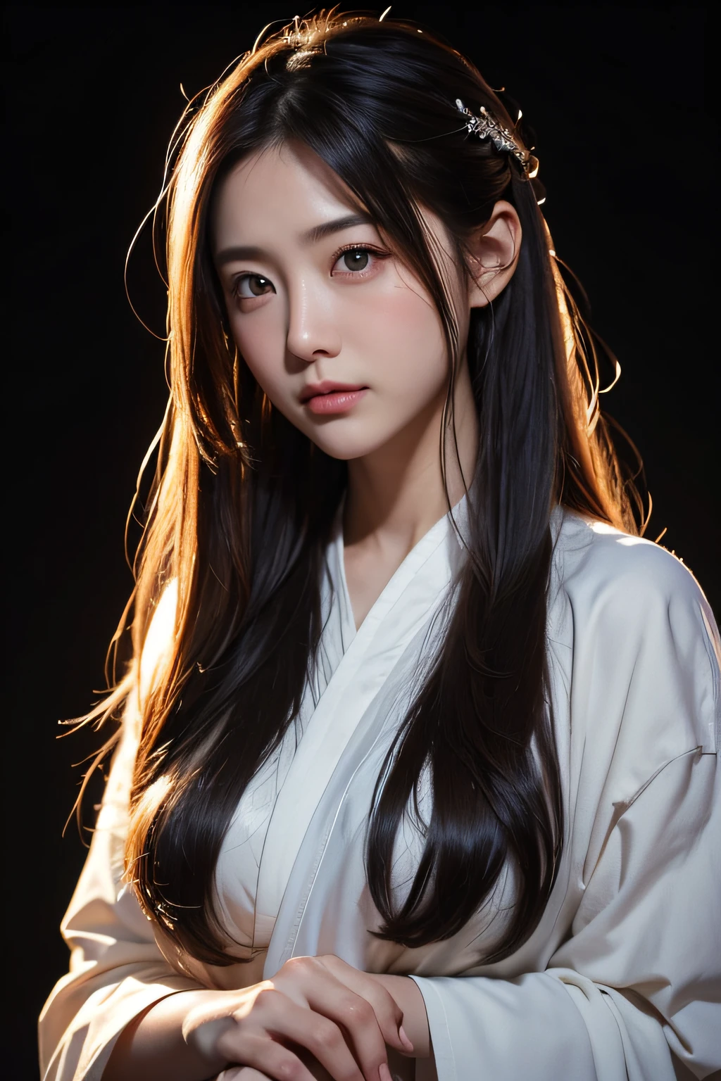 (Raw photo, Best Quality), (Realistic, Photorealsitic:1.3),Best Quality,Highly detailed,masutepiece,Ultra-detailed,Illustration,1girl in,The upper part of the body_Body,Dynamic Angle,world masterpiece theater,Messy_long_hair,Best Quality,the Extremely Detailed CG Unity 8K Wallpapers,inky,amazing,Cinematic lighting,lens_f lare, dunhuang_Style ,black backgrounds、