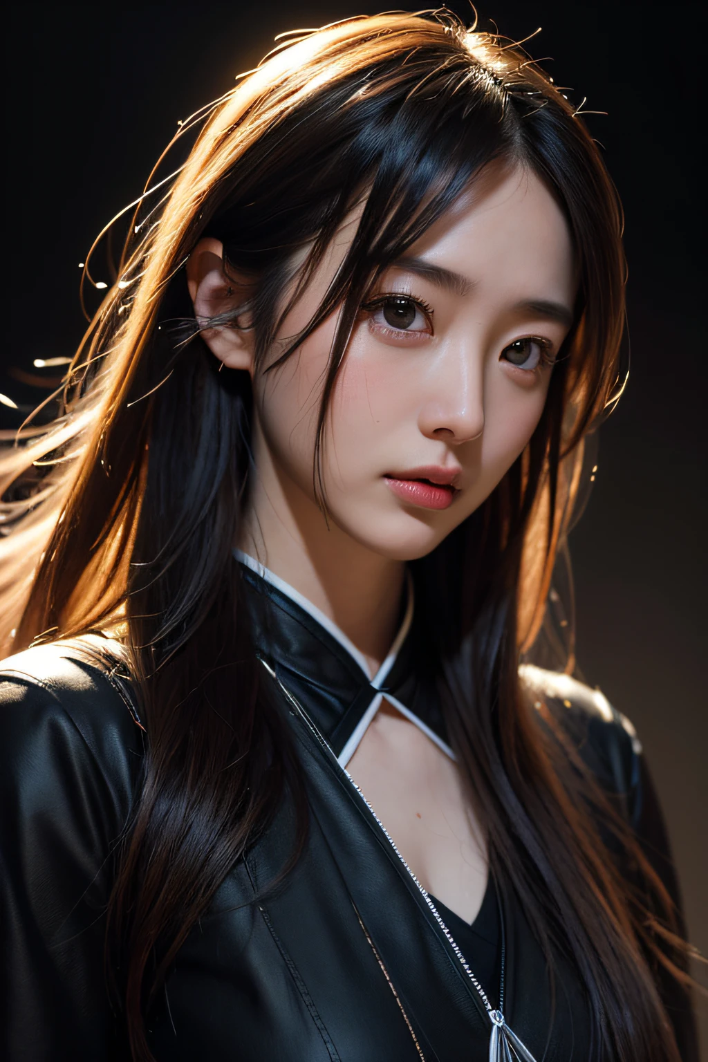 (Raw photo, Best Quality), (Realistic, Photorealsitic:1.3),Best Quality,Highly detailed,masutepiece,Ultra-detailed,Illustration,1girl in,The upper part of the body_Body,Dynamic Angle,world masterpiece theater,Messy_long_hair,Best Quality,the Extremely Detailed CG Unity 8K Wallpapers,inky,amazing,Cinematic lighting,lens_f lare, dunhuang_Style ,black backgrounds、